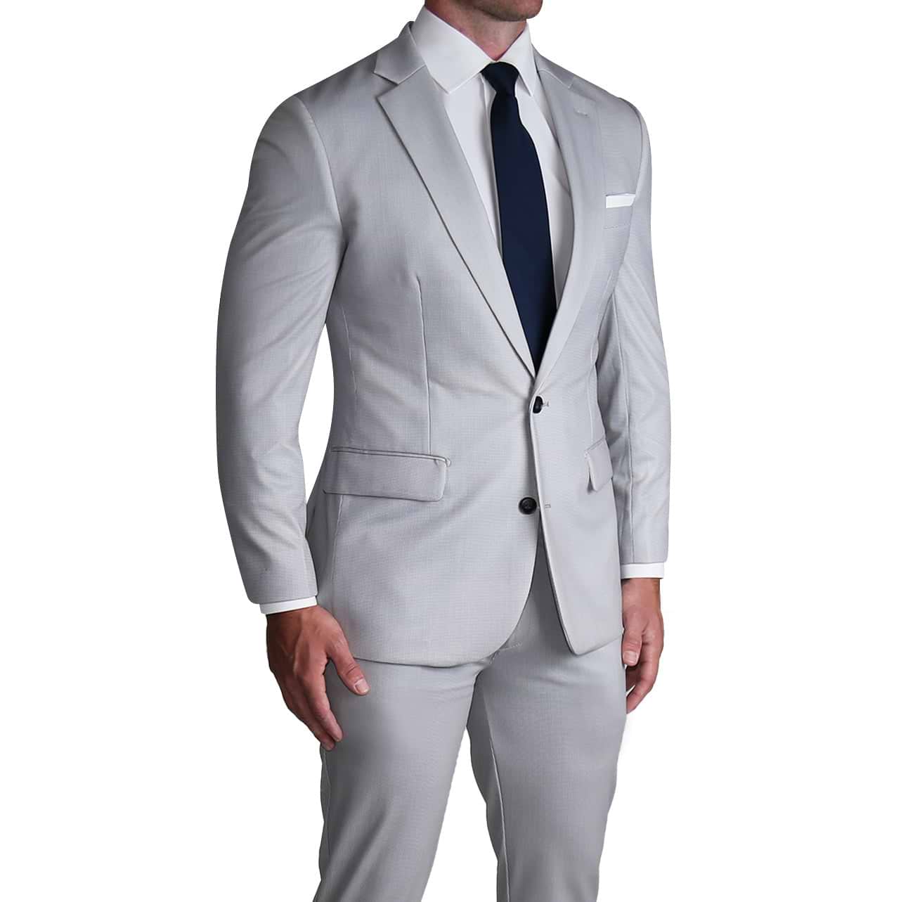 Navy blue jacket with light grey trousers