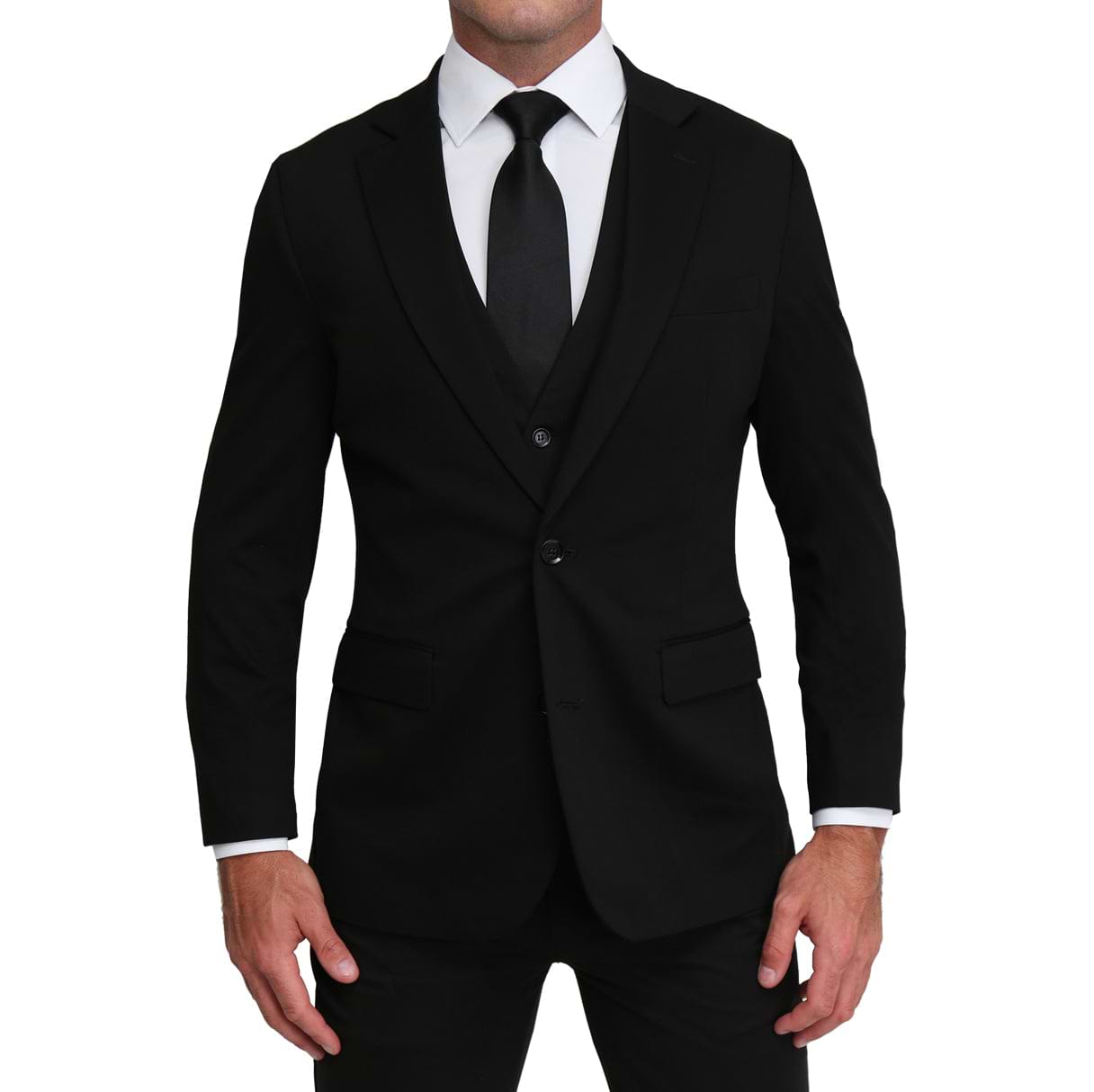black suit black shirt