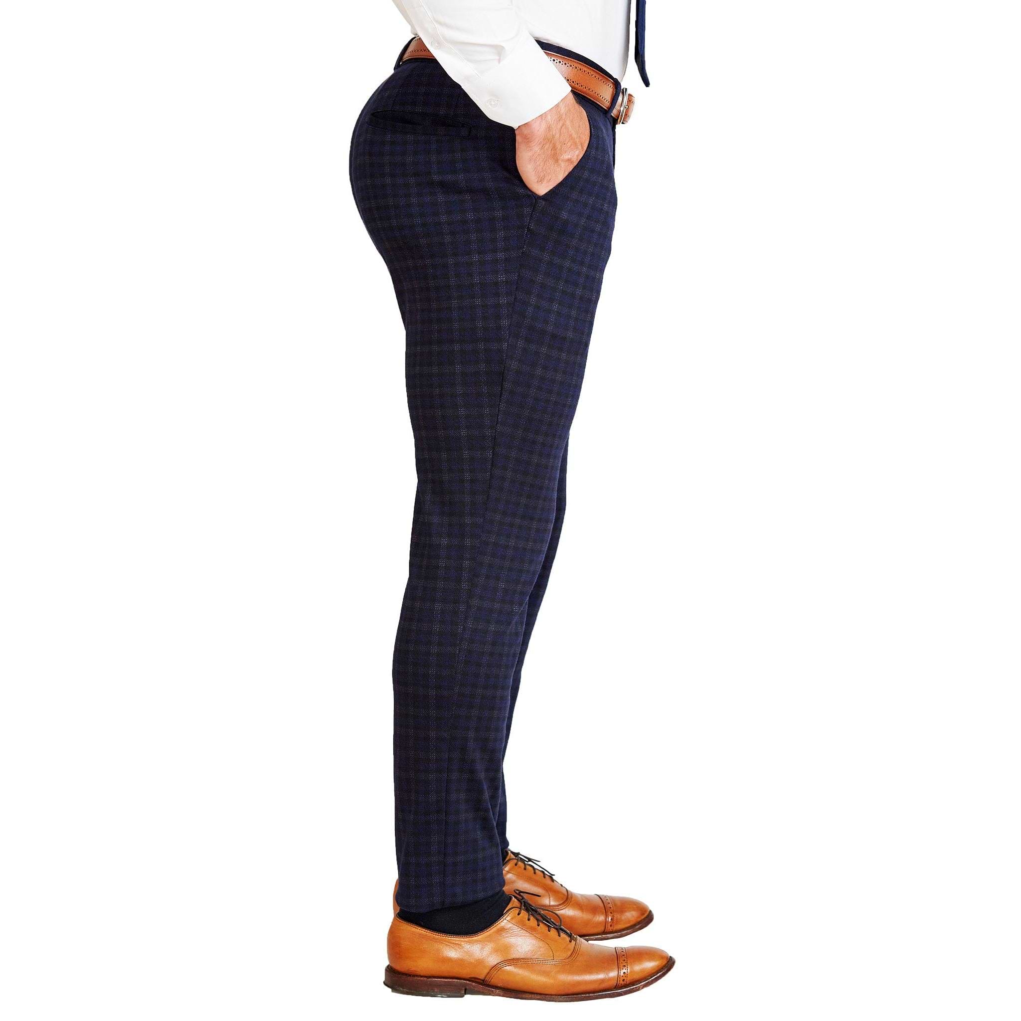 Men's Tailored Trousers | Straight Leg | Check | Navy Blue | Percival  Menswear