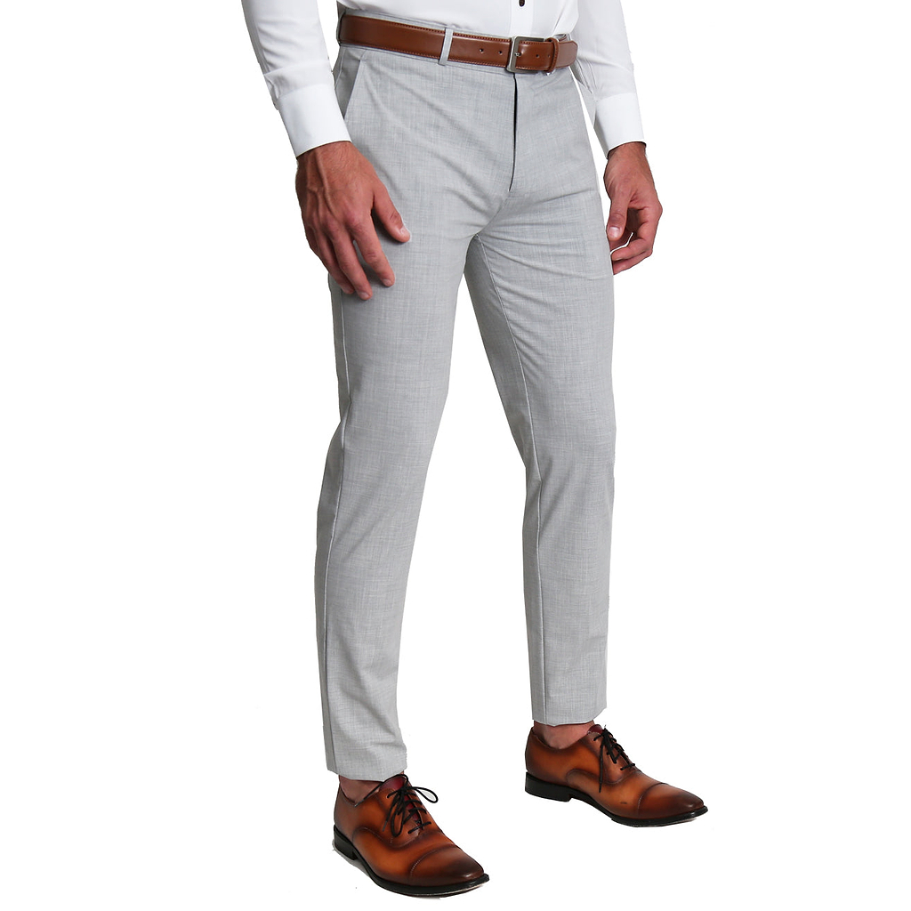 Light gray dress pants hand tailored in a fitted straight cut