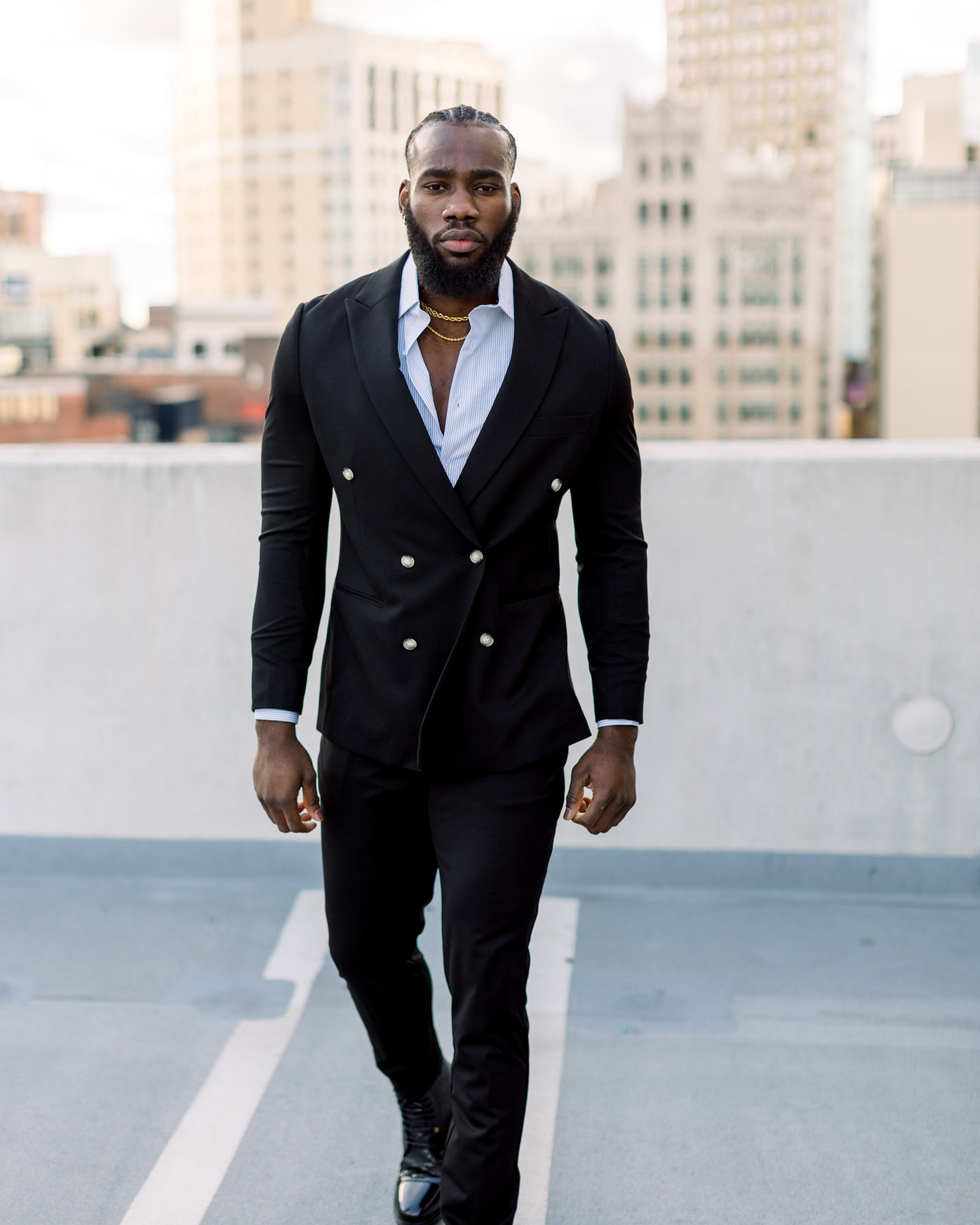 Athletic Fit Stretch Blazer - Black Double Breasted
