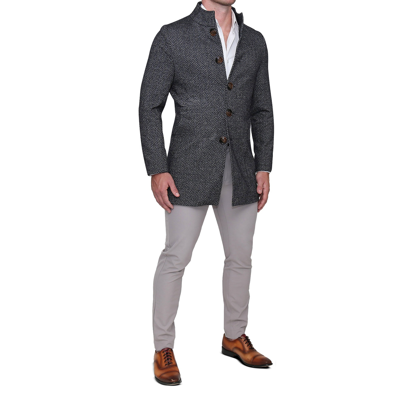 Open Button Overcoat - Navy & Grey Chevron