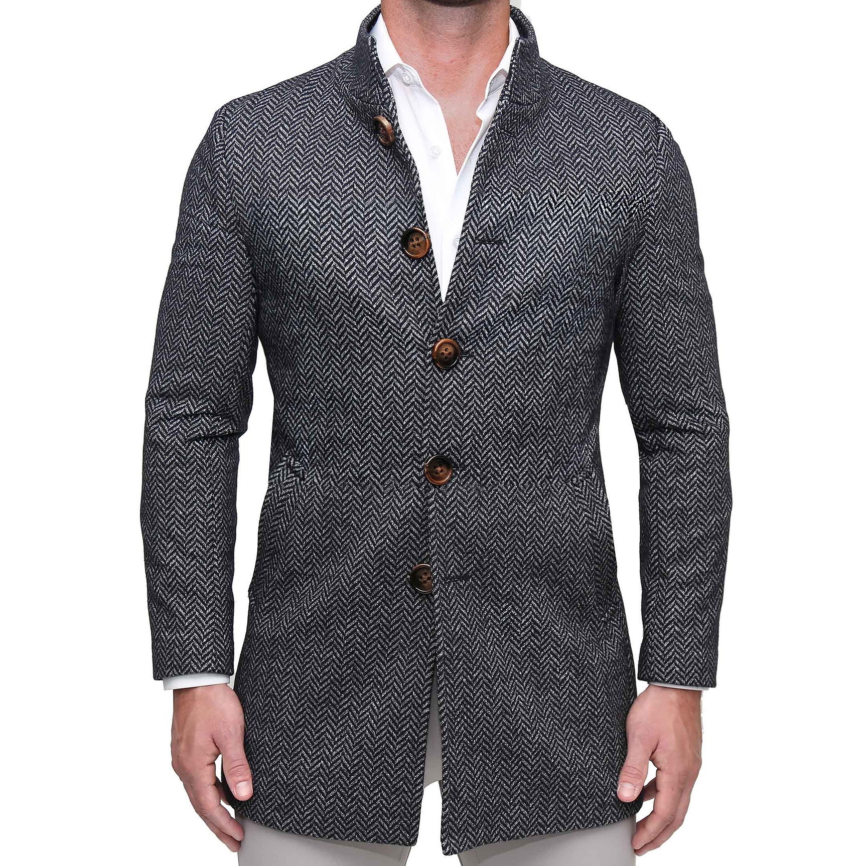 Open Button Overcoat - Navy & Grey Chevron