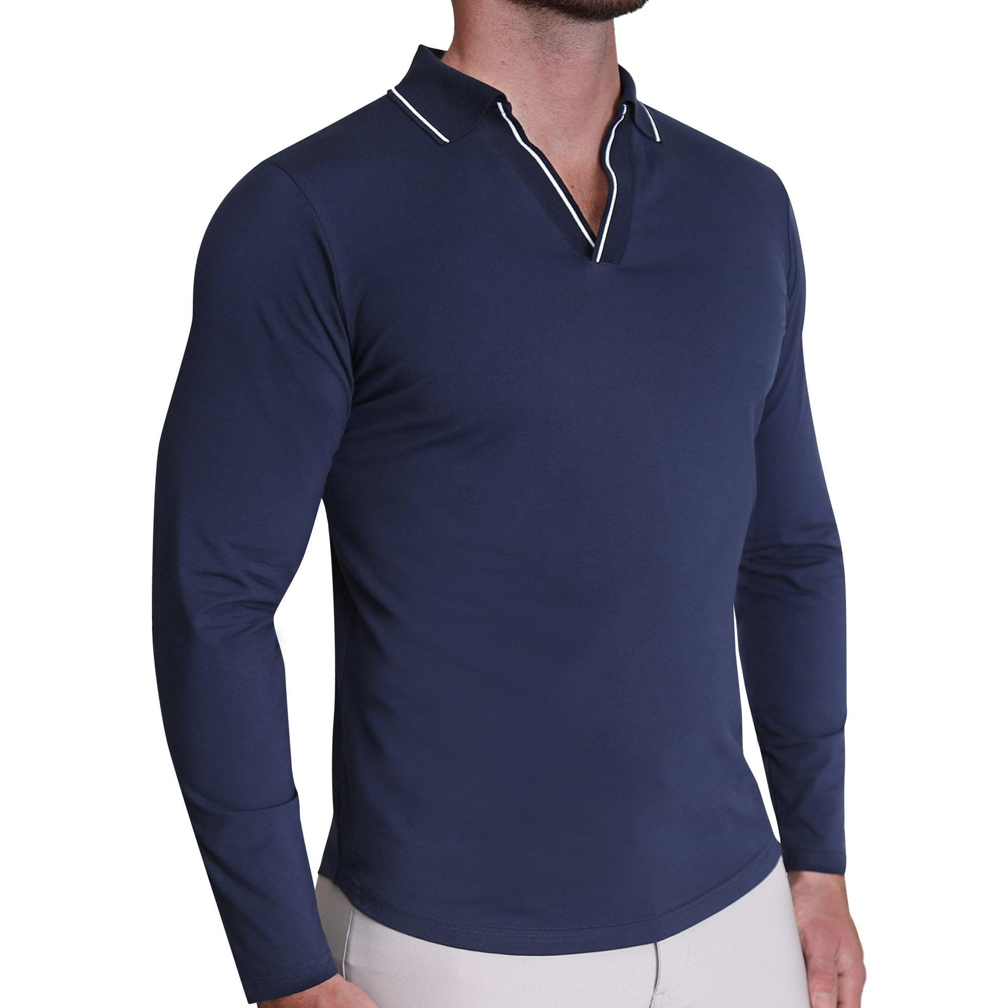 Tipped Long Sleeve Polo - Navy with White