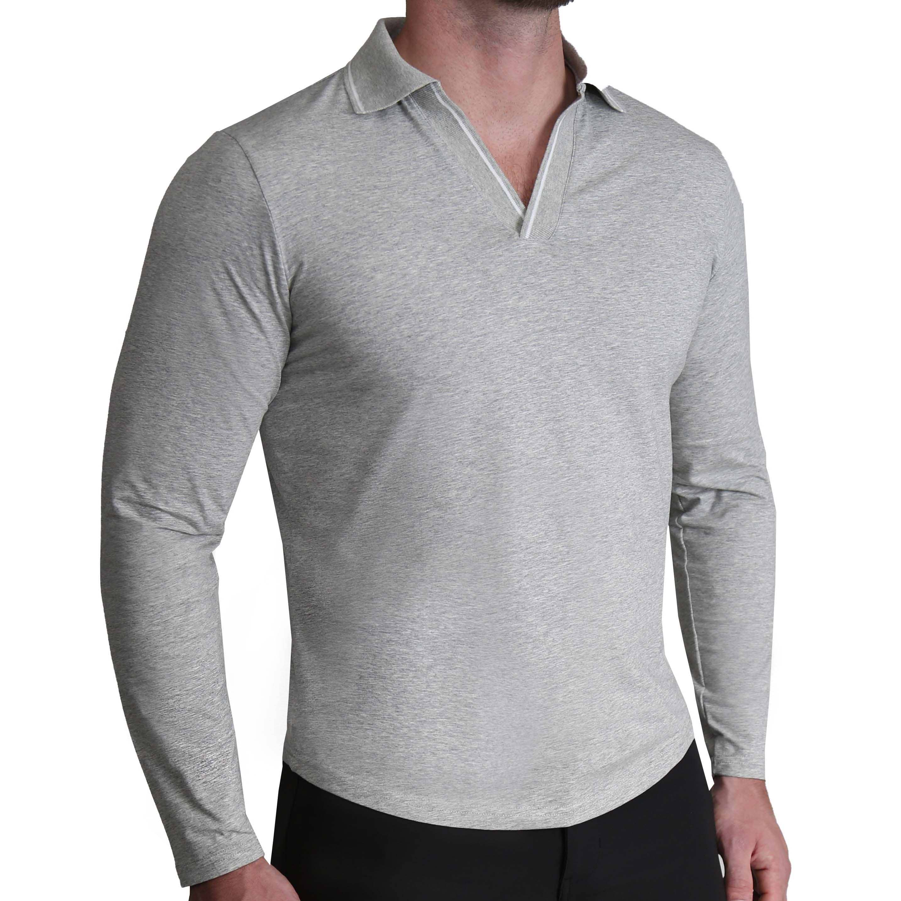 Tipped Long Sleeve Polo - Grey with White