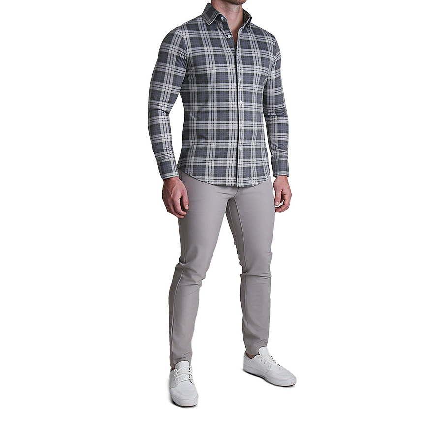 "The Warner" Grey and White Windowpane Casual Button Down