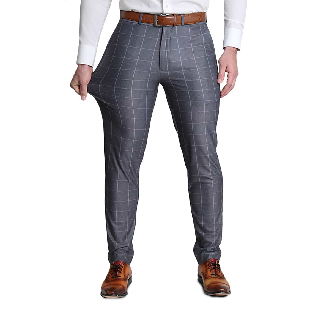 Athletic Fit Stretch Suit Pants - Grey and White Big Windowpane