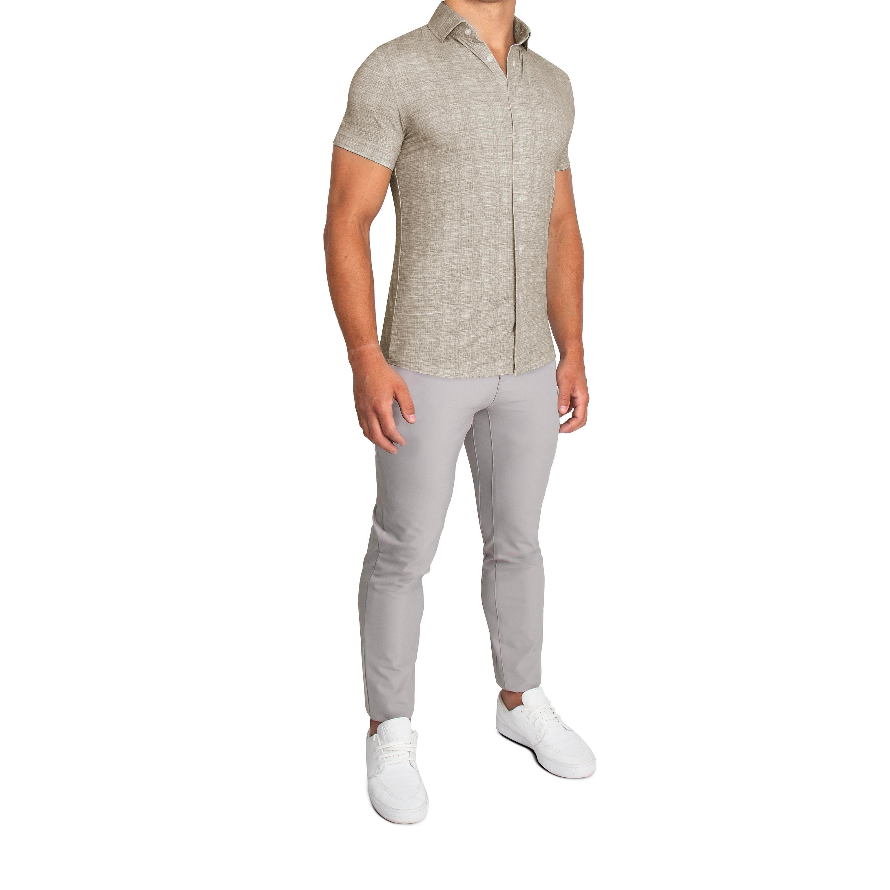 "The Giovanni" Printed Linen Olive Short Sleeve Button Down