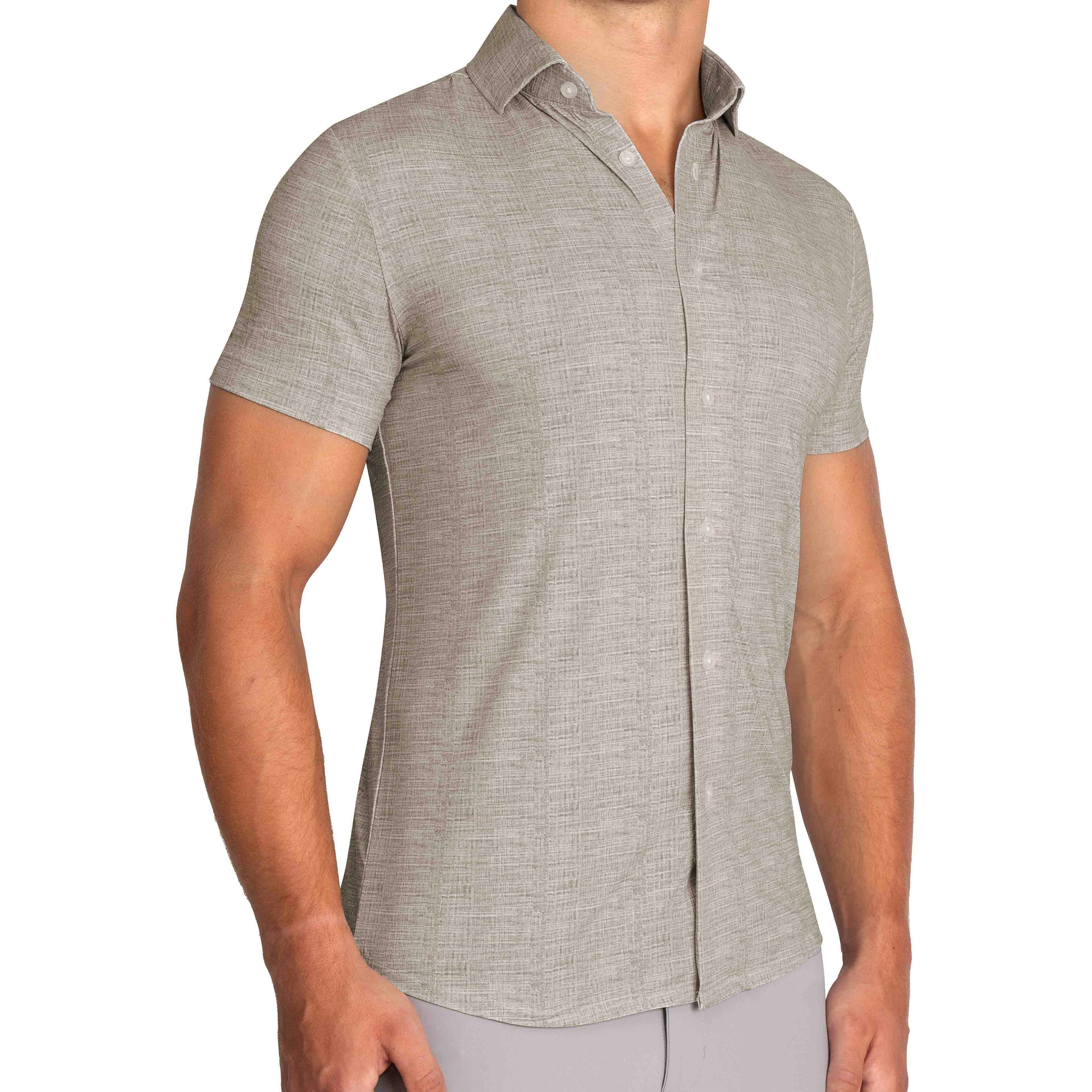 "The Giovanni" Printed Linen Olive Short Sleeve Button Down