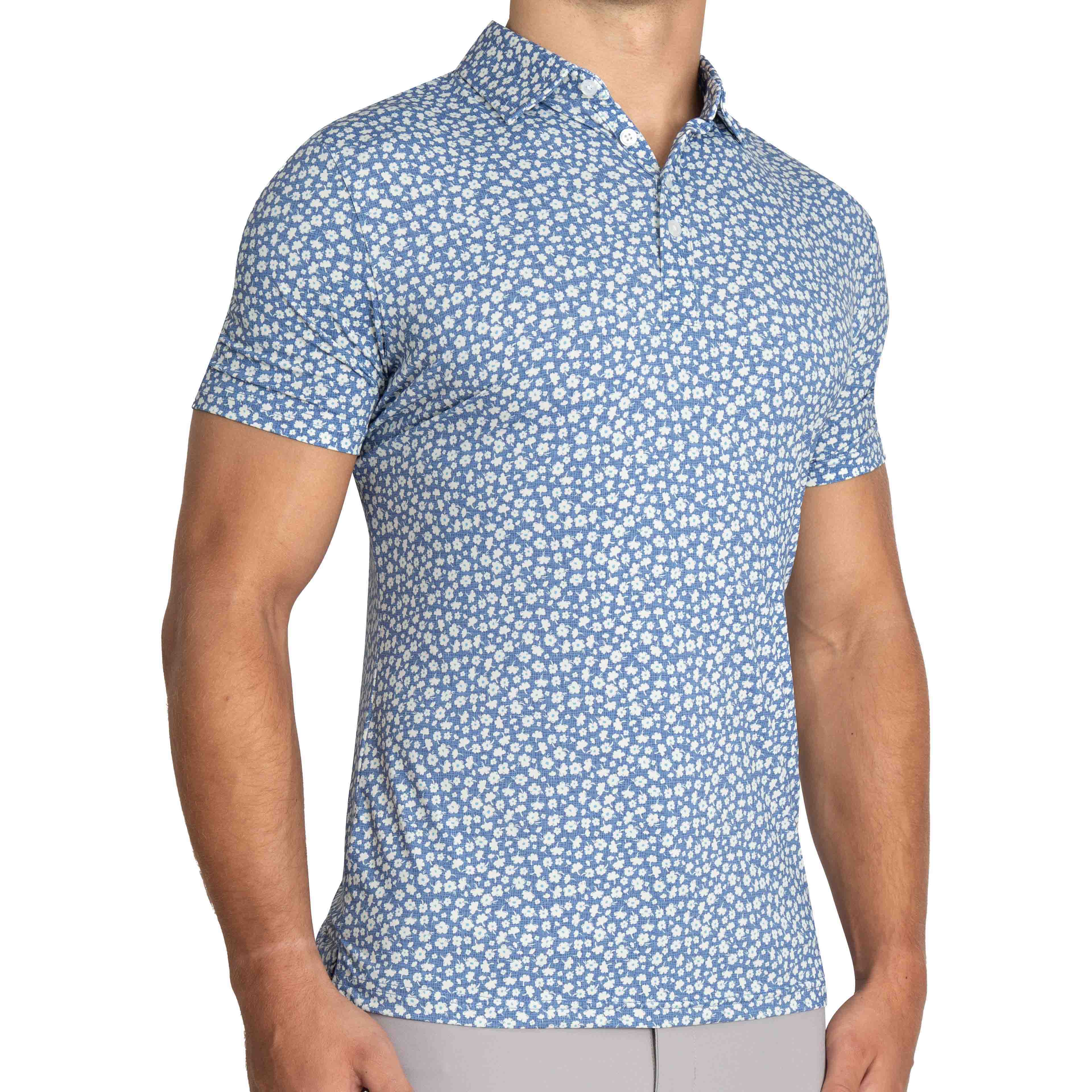 "The Ken" White & Light Blue Floral Print Polo