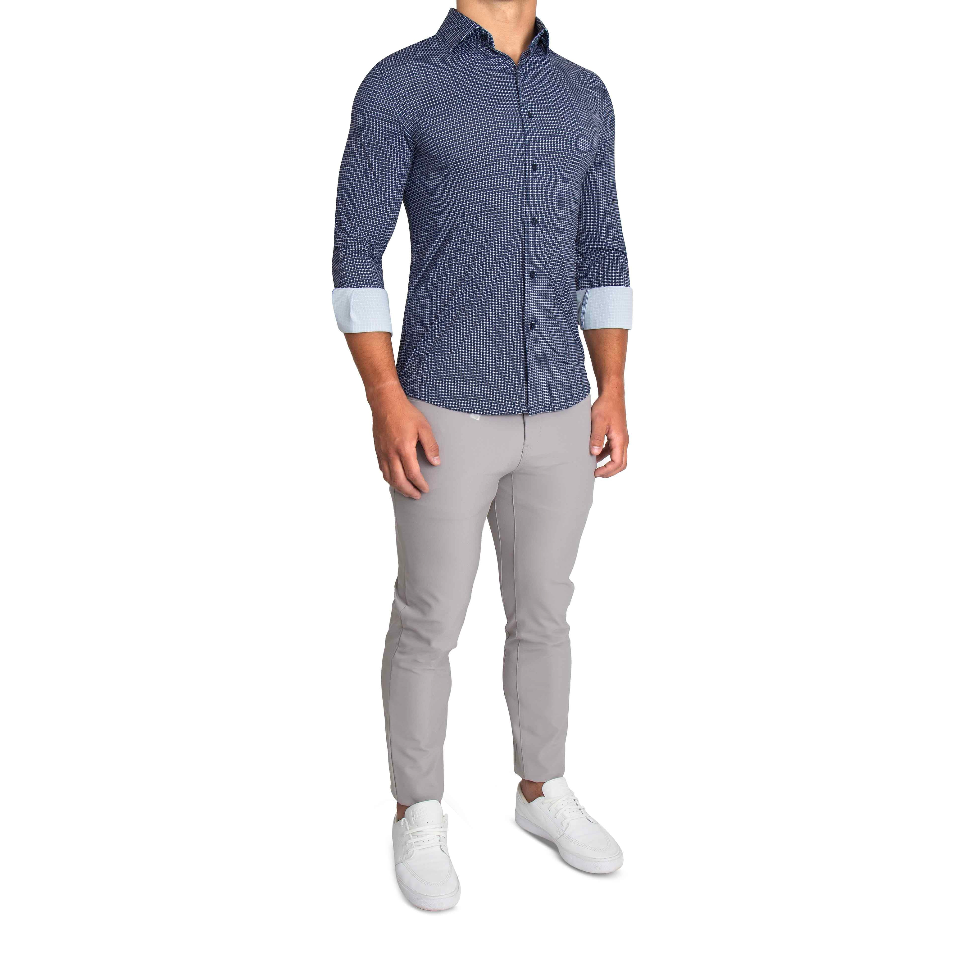 "The Eisenhower" Sport Shirt - Navy With White Grid
