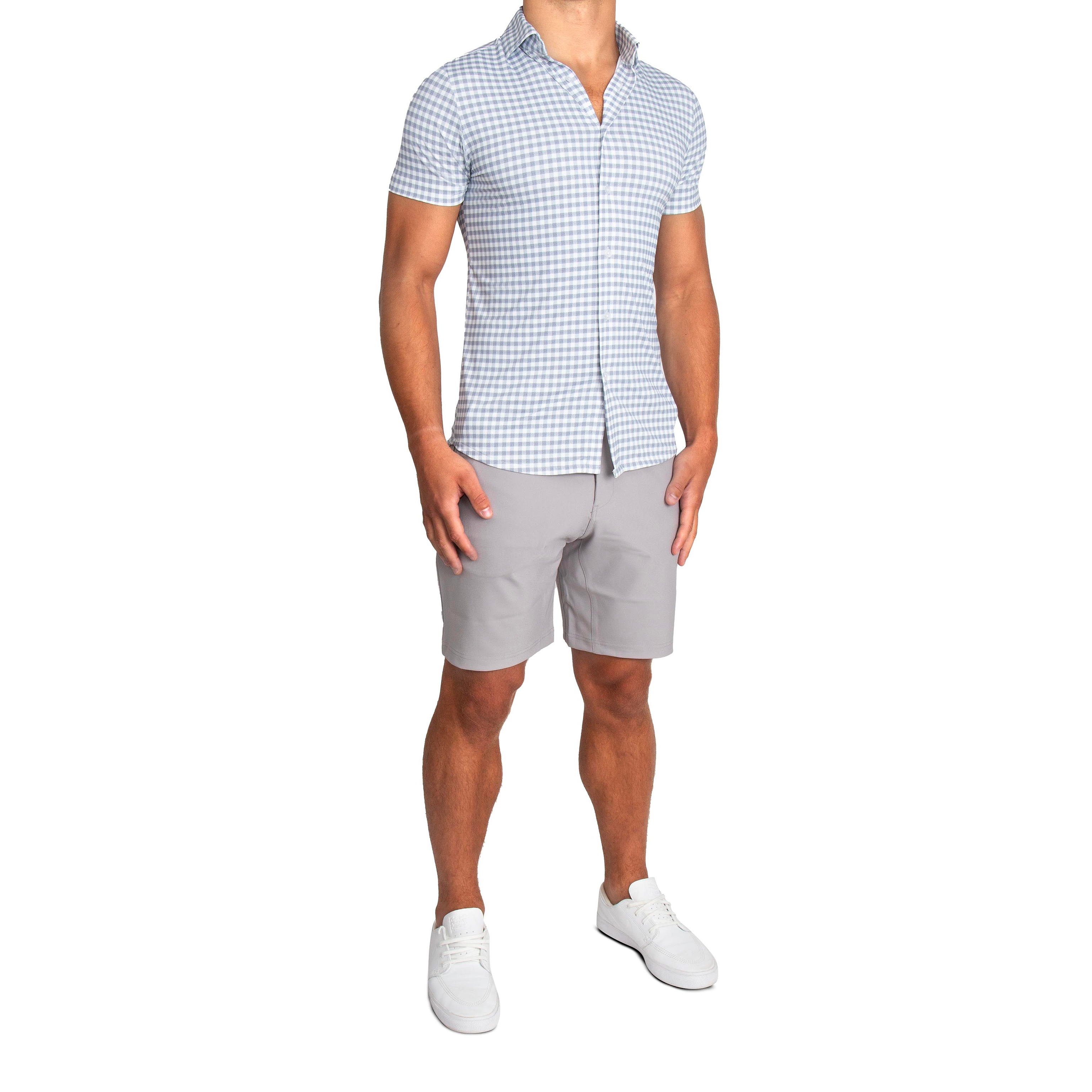 "The August" White & Grey Big Check Short Sleeve Button Down