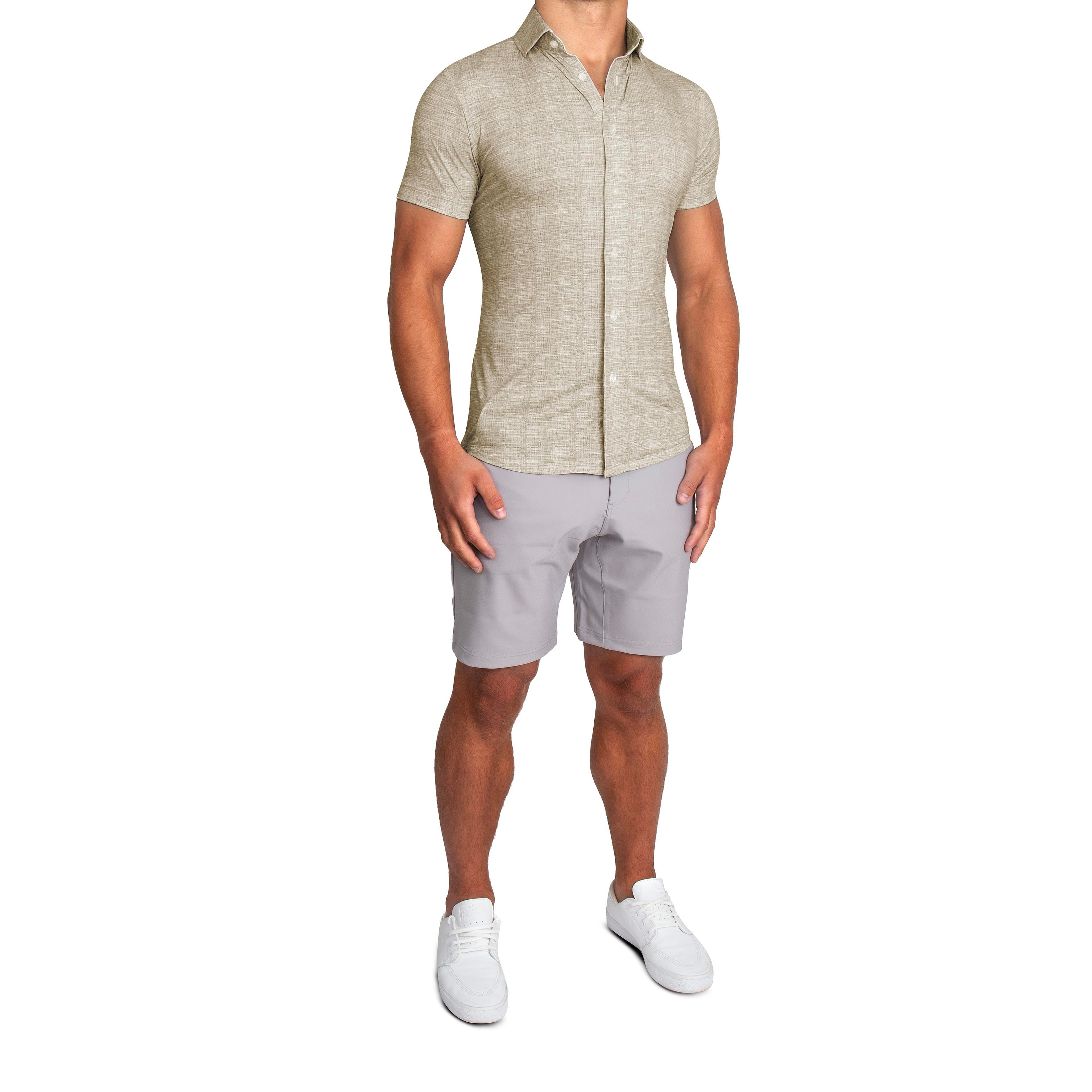 "The Giovanni" Printed Linen Olive Short Sleeve Button Down