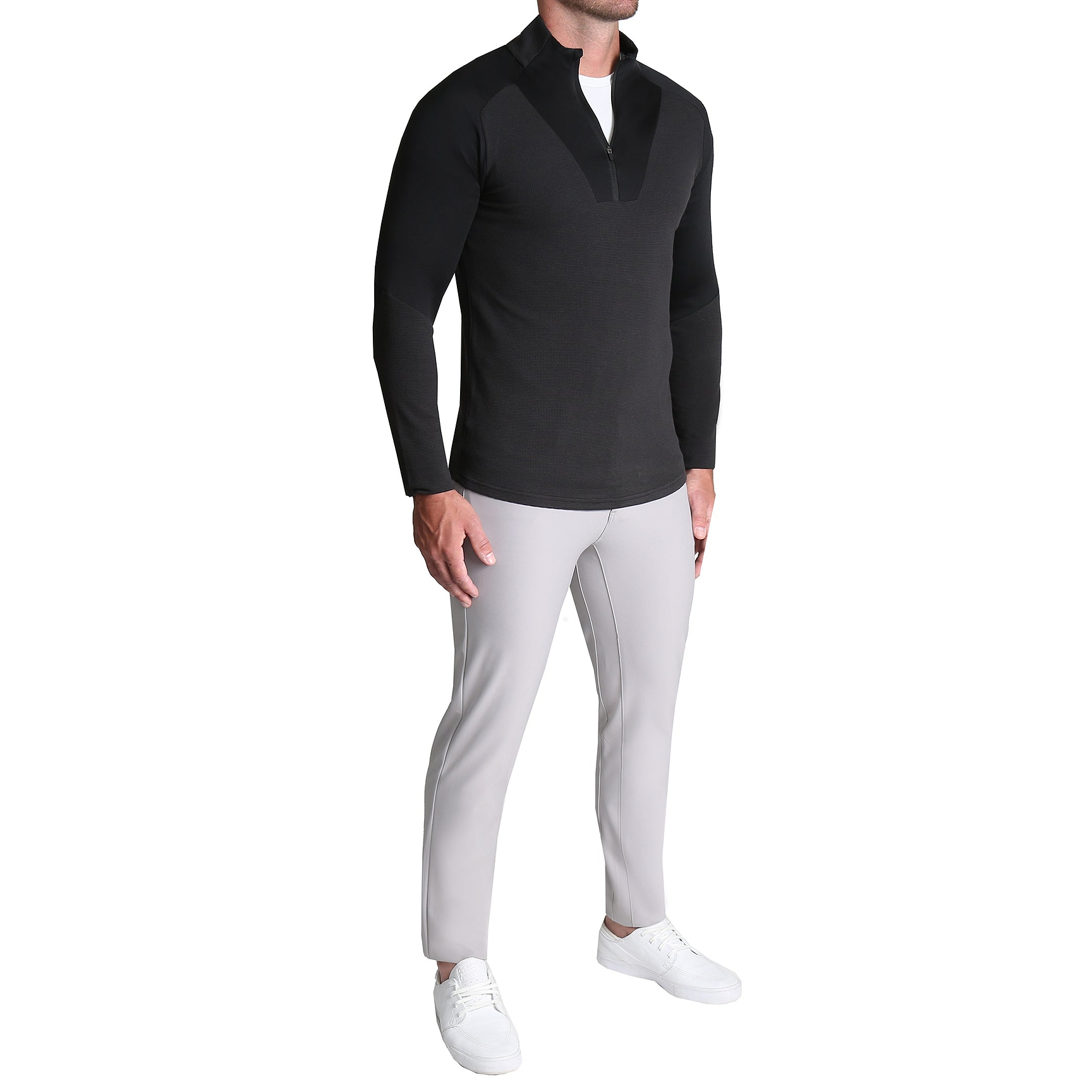 Waffle Knit Quarter Zip - Solid Black