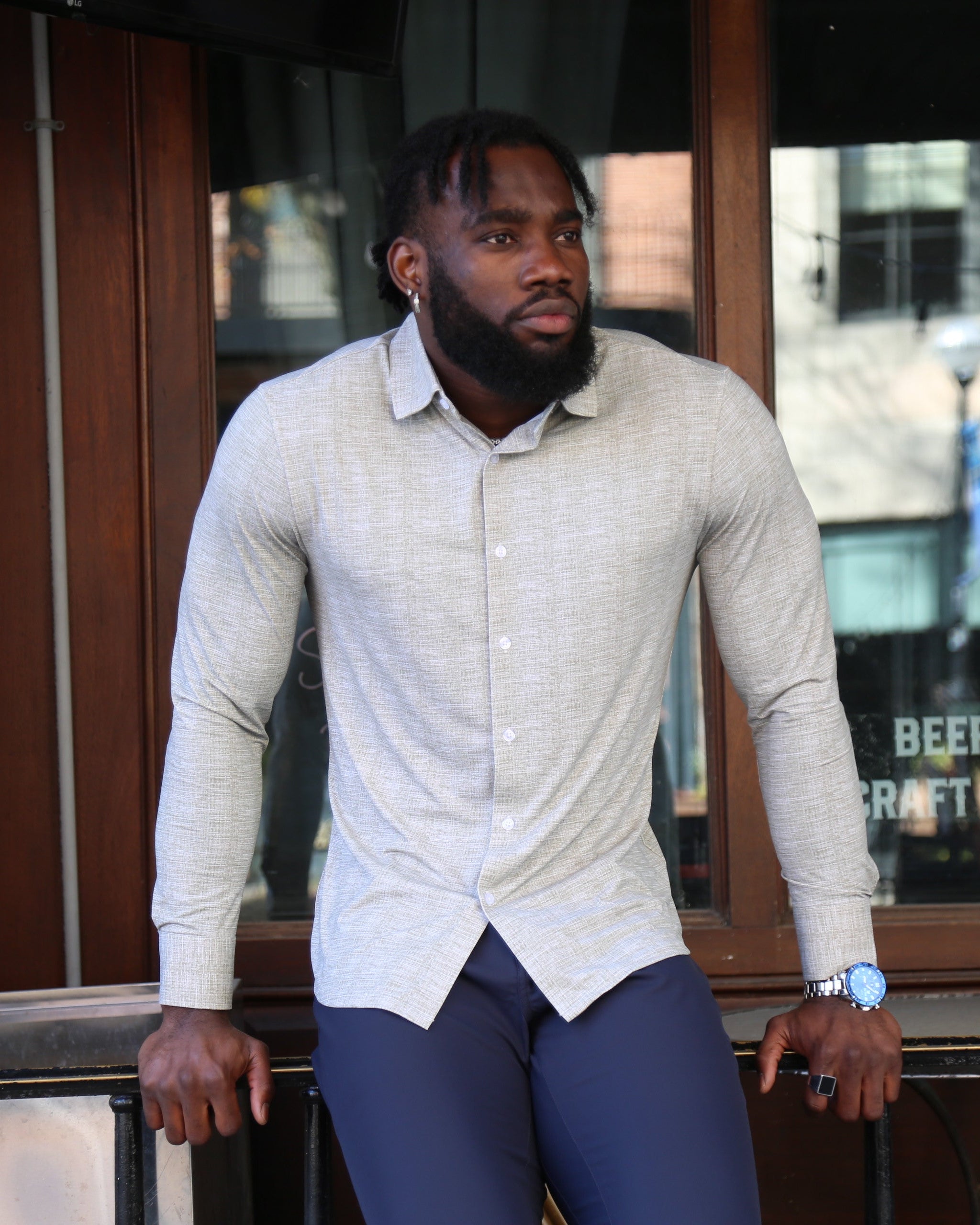 "The Rolo" Sport Shirt - Light Grey Printed Linen