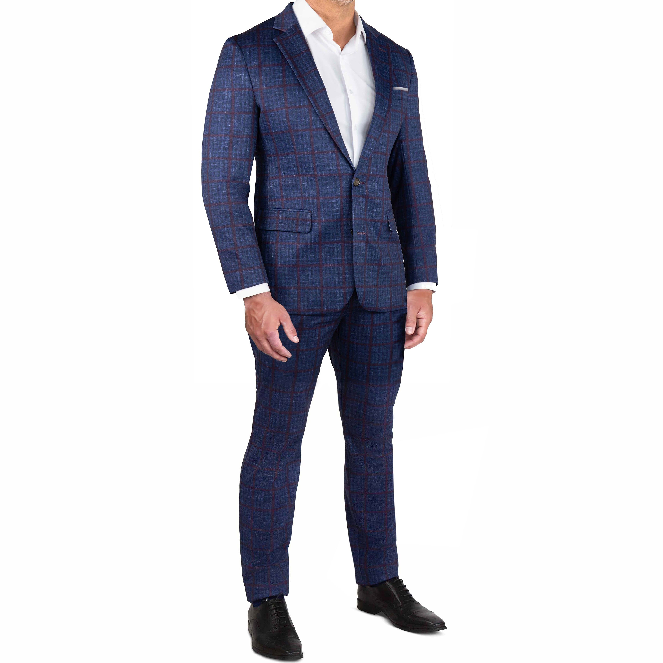 Athletic Fit Stretch Suit Pants - Navy & Maroon Windowpane