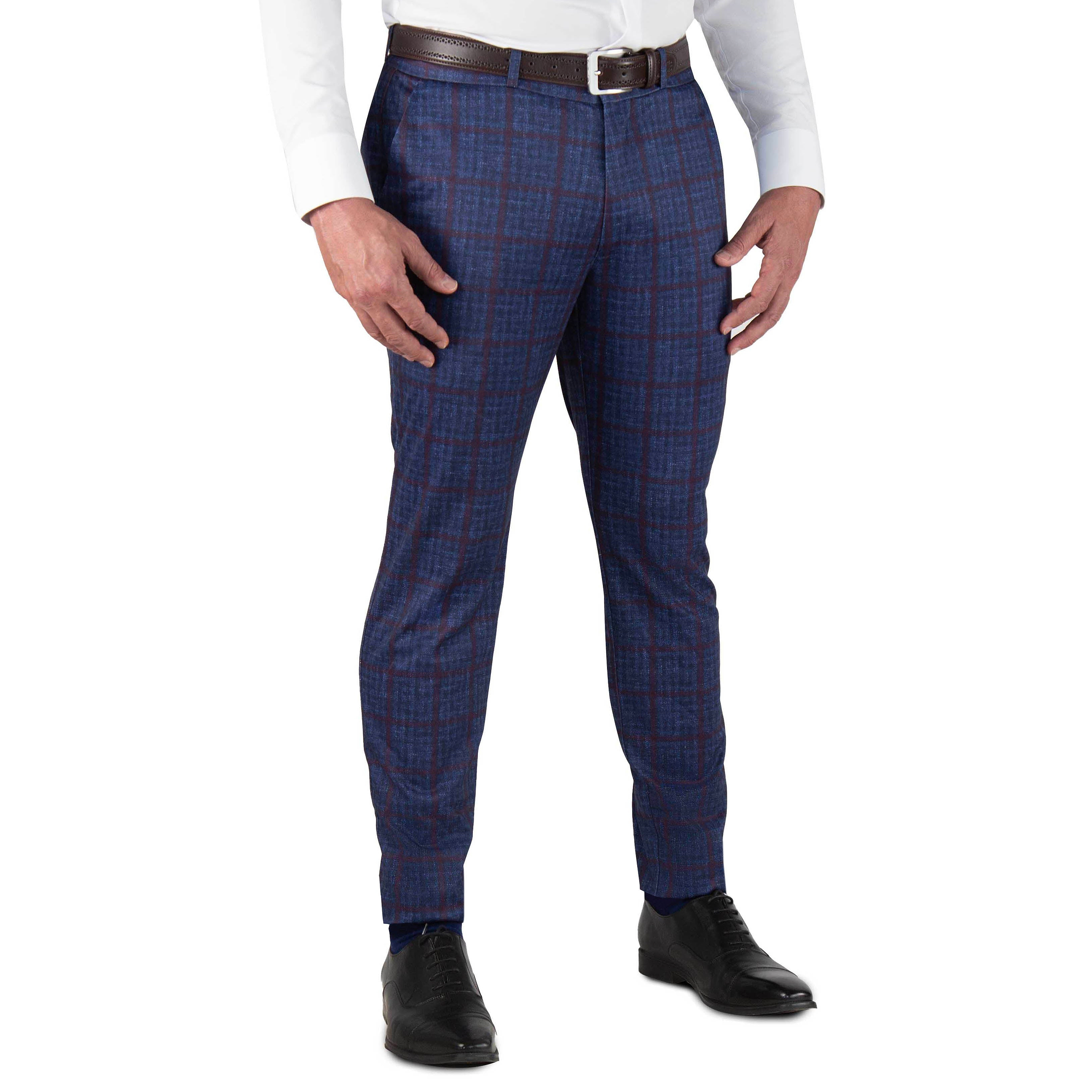 Athletic Fit Stretch Suit Pants - Navy & Maroon Windowpane