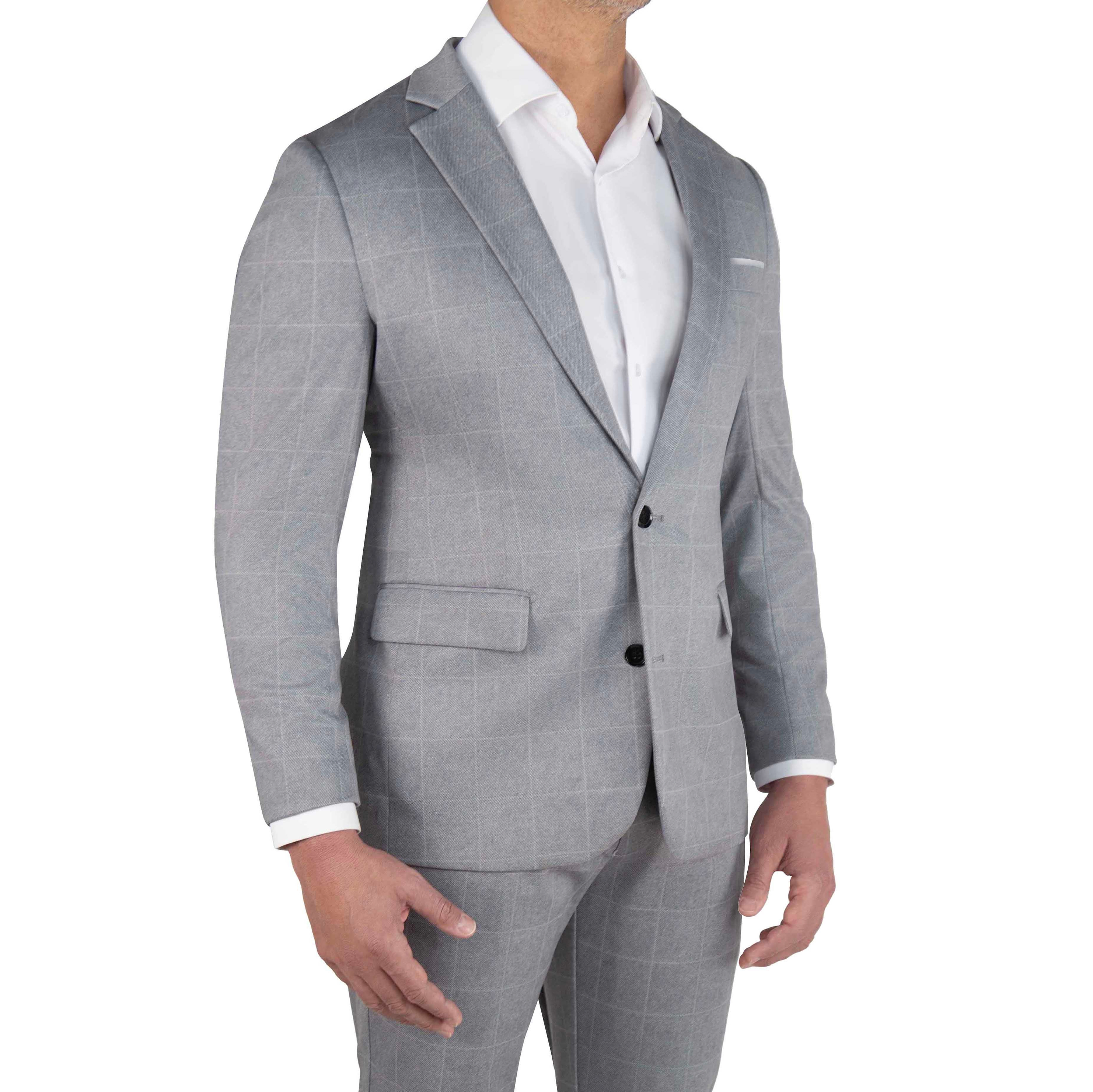 Athletic Fit Stretch Suit - Light Grey & White Windowpane
