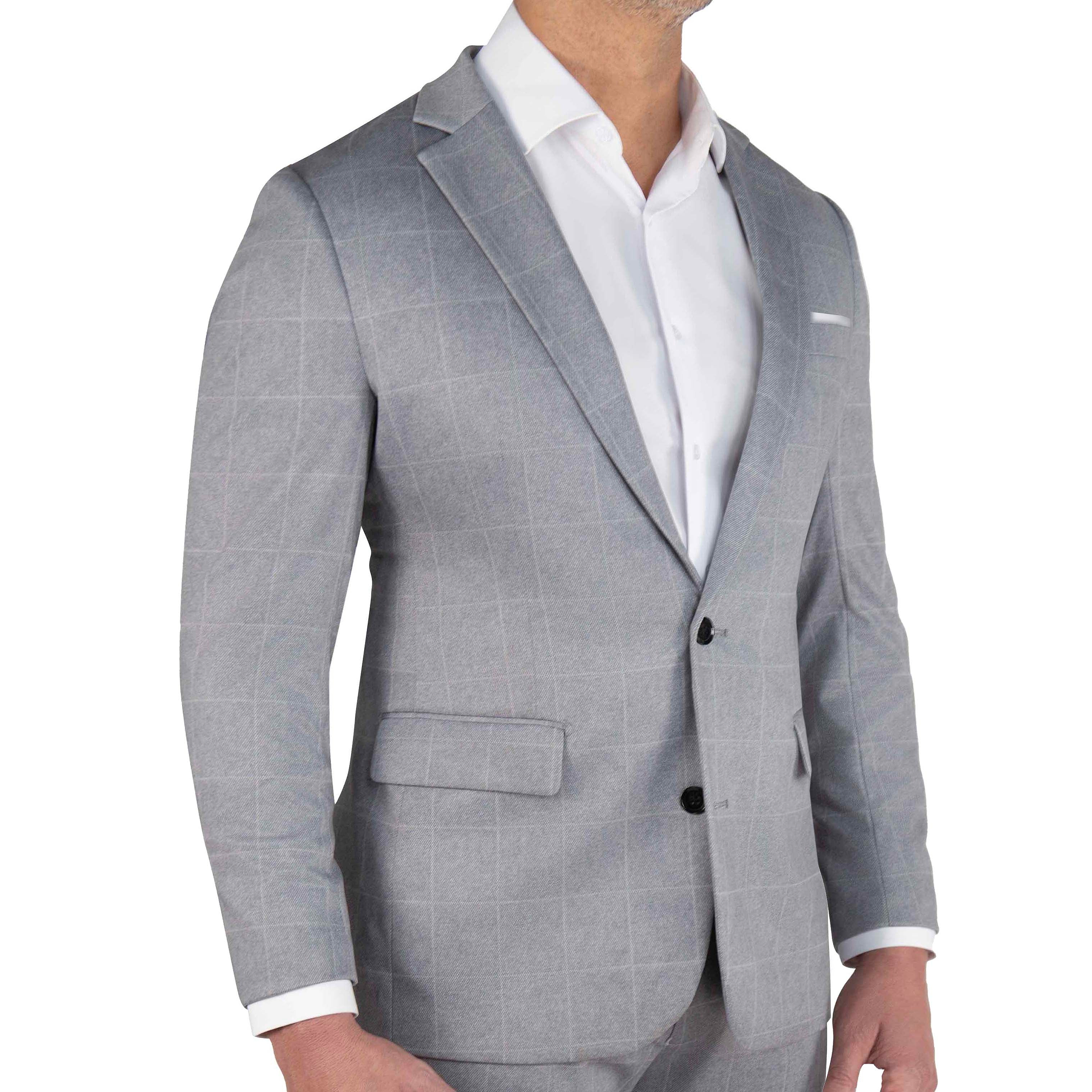 Athletic Fit Stretch Suit - Light Grey & White Windowpane