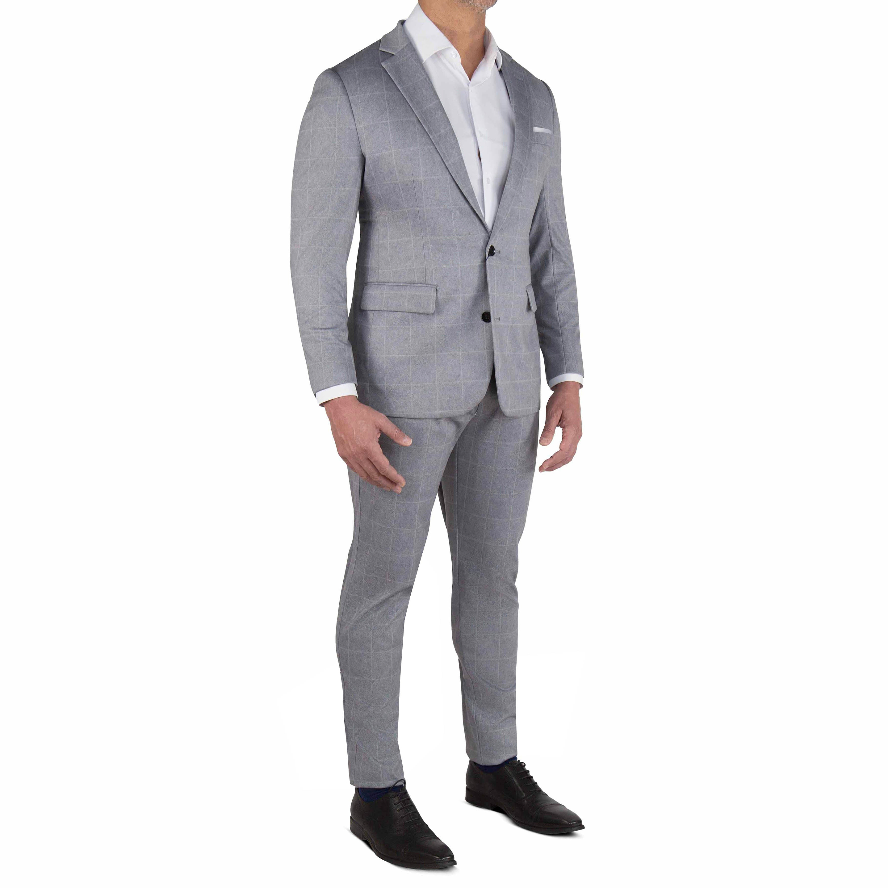 Athletic Fit Stretch Suit - Light Grey & White Windowpane