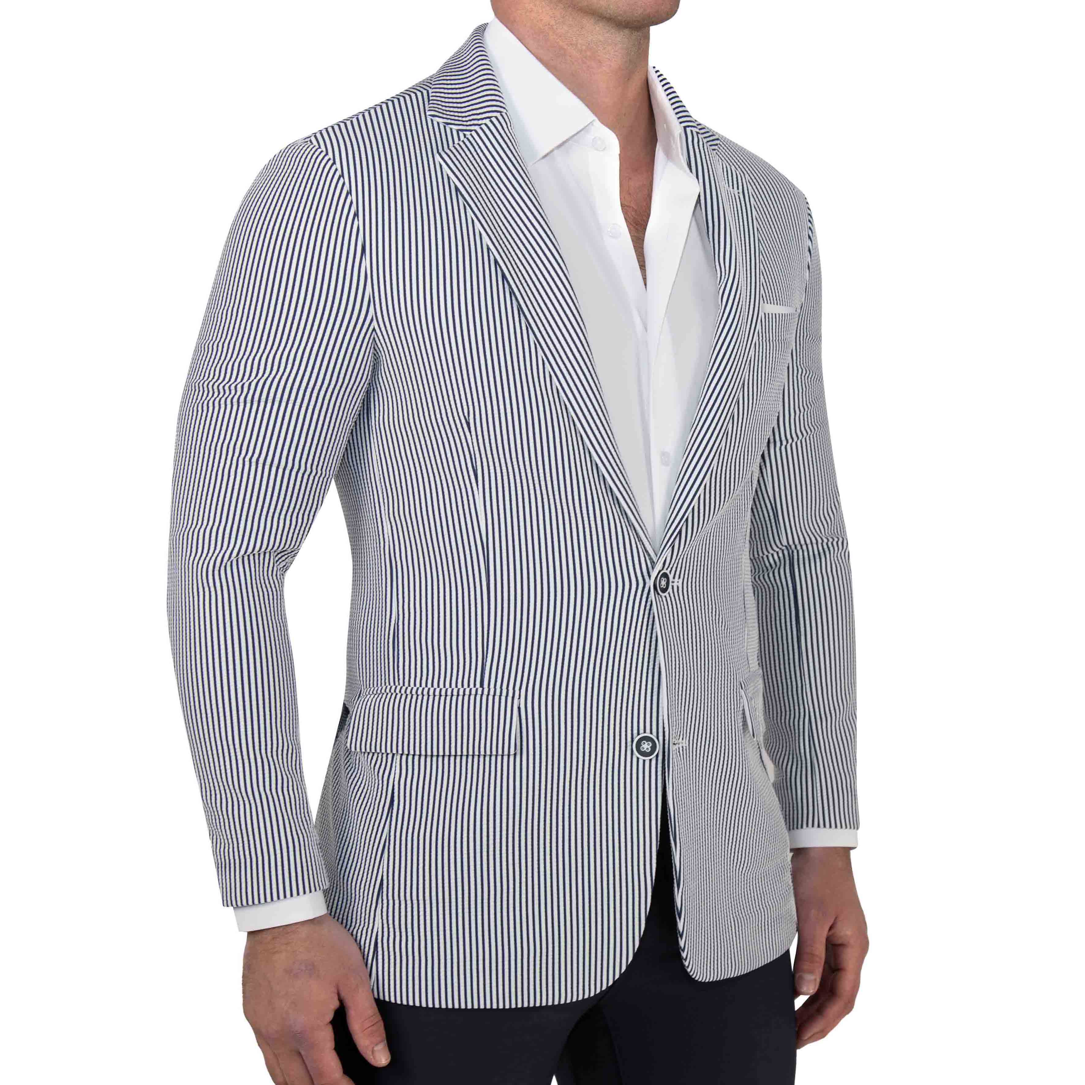 Athletic Fit Stretch Blazer - Navy & White Seersucker