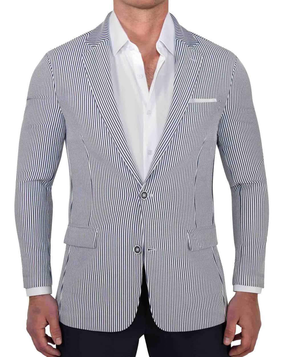 Athletic Fit Stretch Blazer - Navy & White Seersucker
