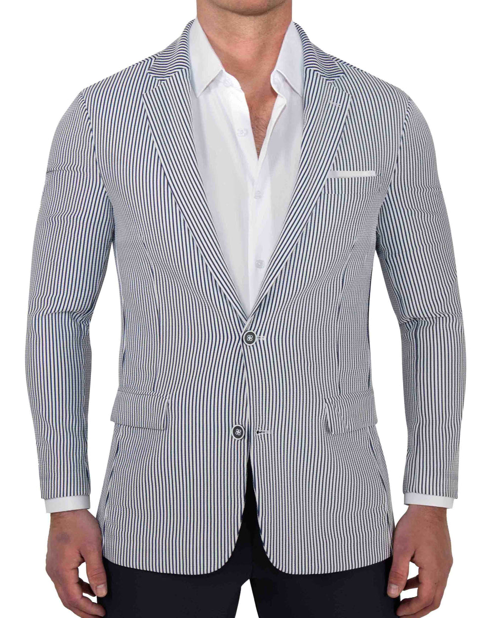 Athletic Fit Stretch Blazer - Navy & White Seersucker