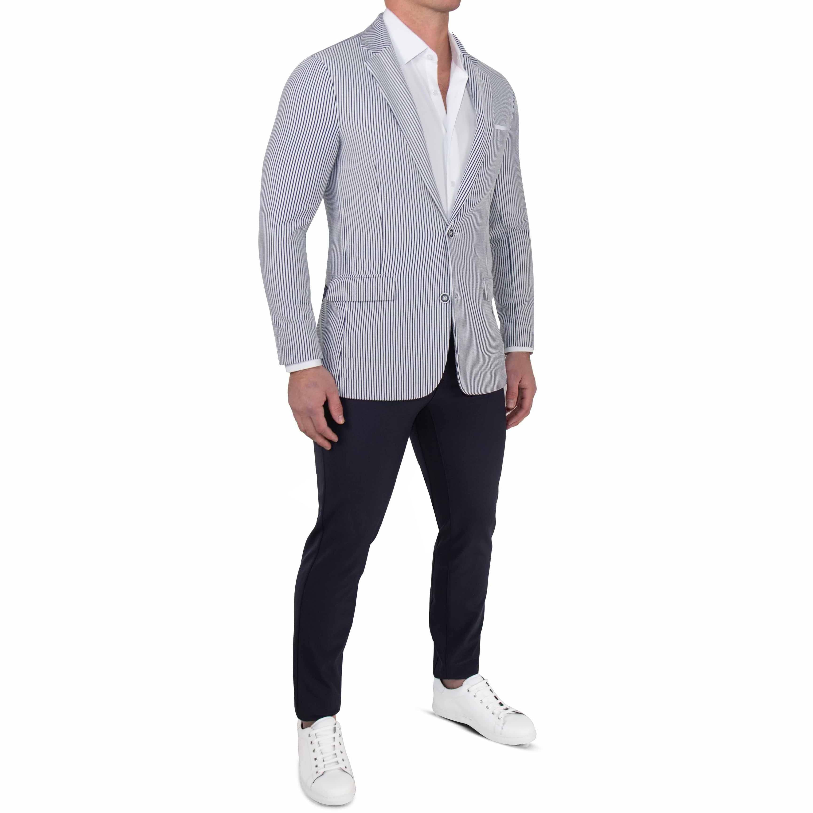 Athletic Fit Stretch Blazer - Navy & White Seersucker