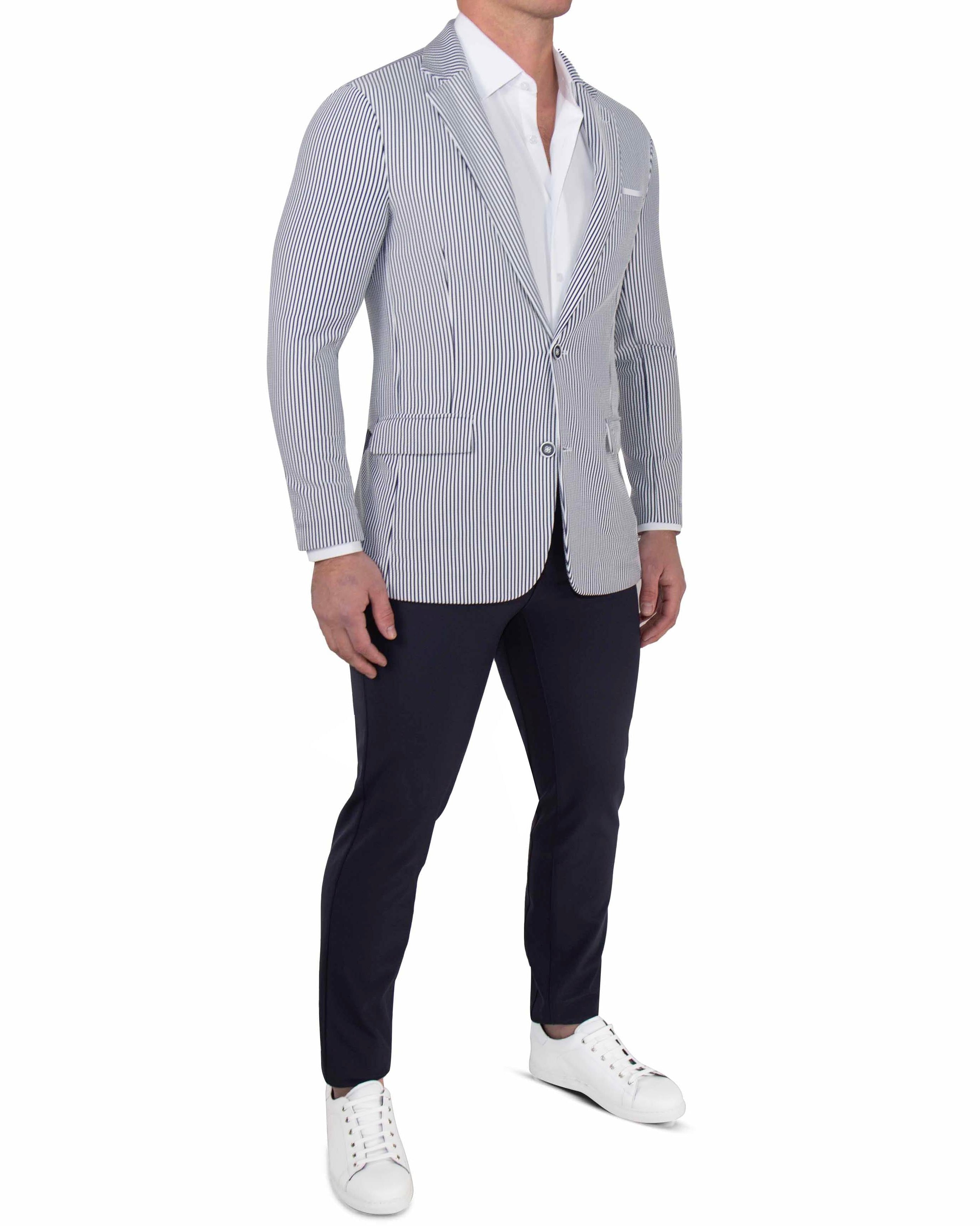 Athletic Fit Stretch Blazer - Navy & White Seersucker