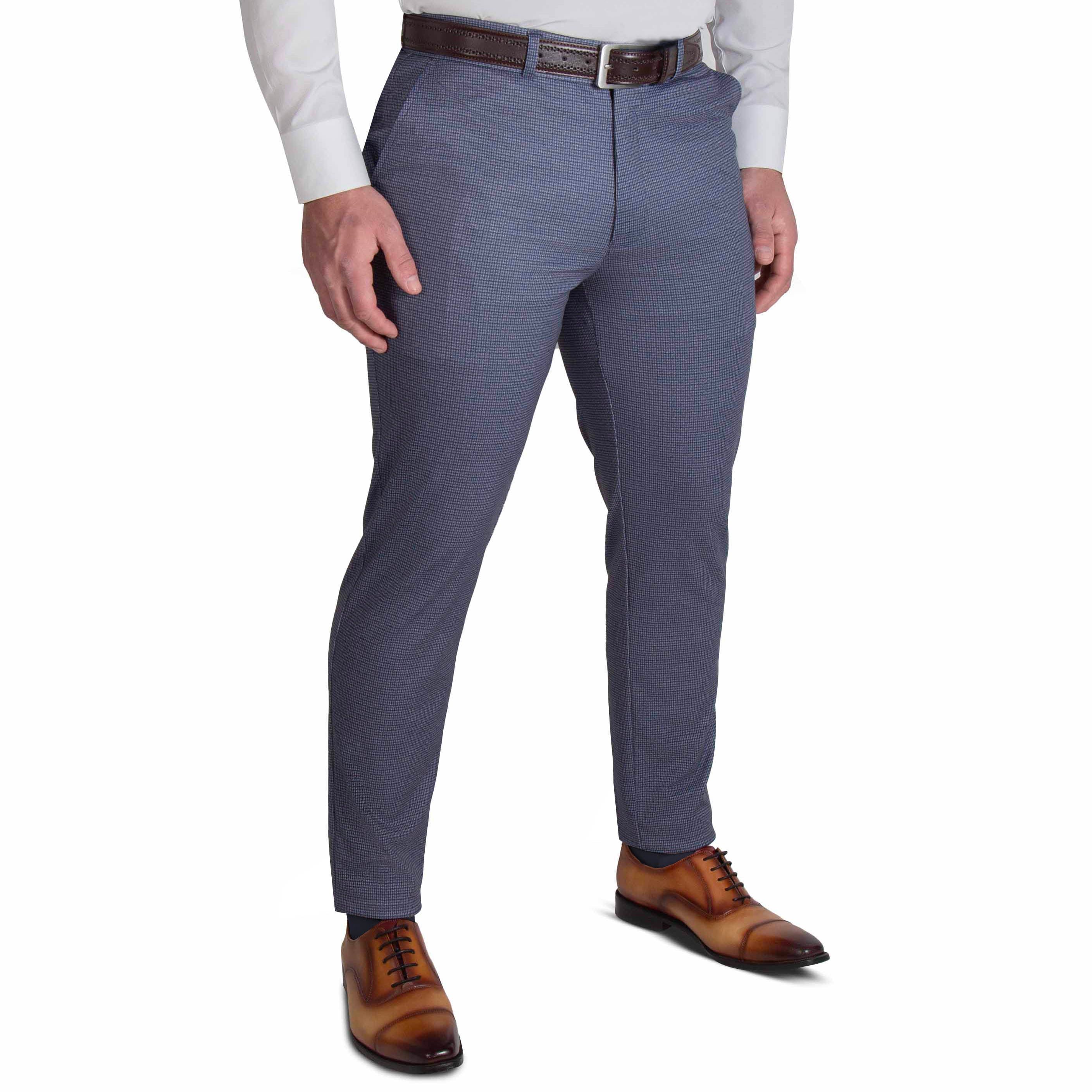 Athletic Fit Stretch Suit Pants - Blue Mini Windowpane with Light Grey Microcheck