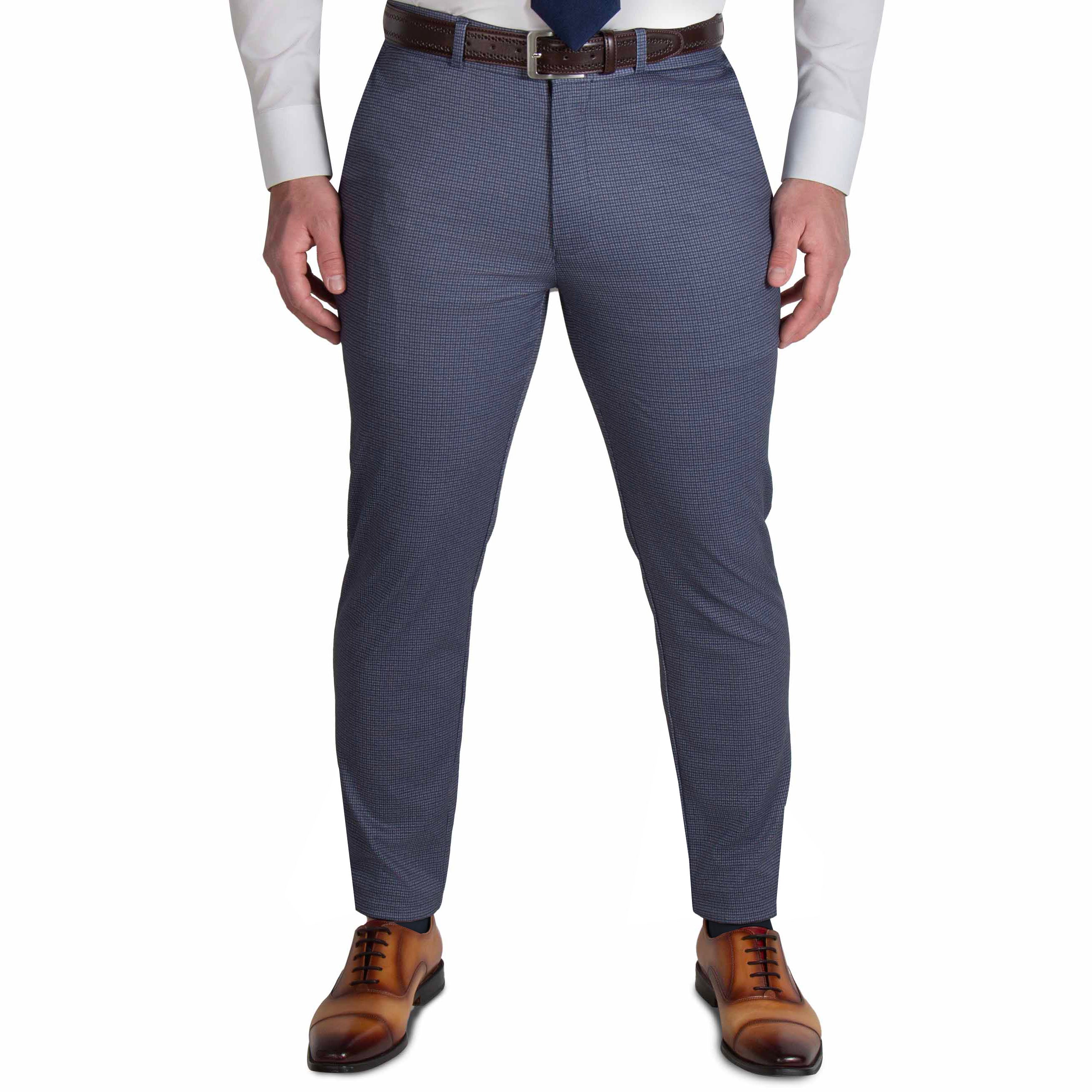 Athletic Fit Stretch Suit Pants - Blue Mini Windowpane with Light Grey Microcheck