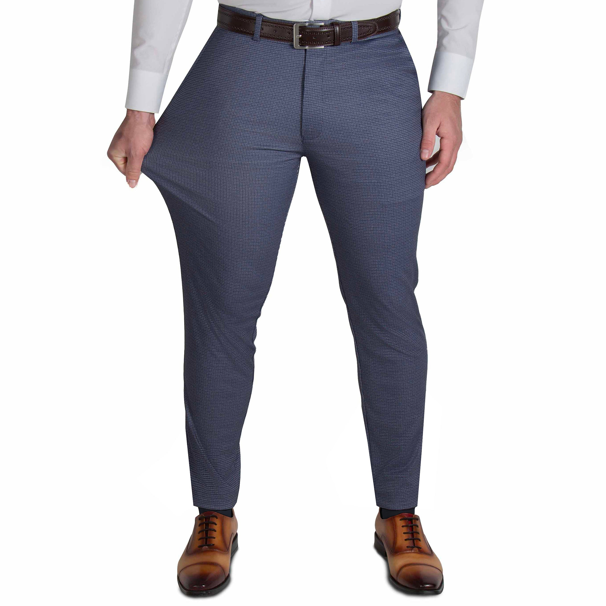 Athletic Fit Stretch Suit Pants - Blue Mini Windowpane with Light Grey Microcheck
