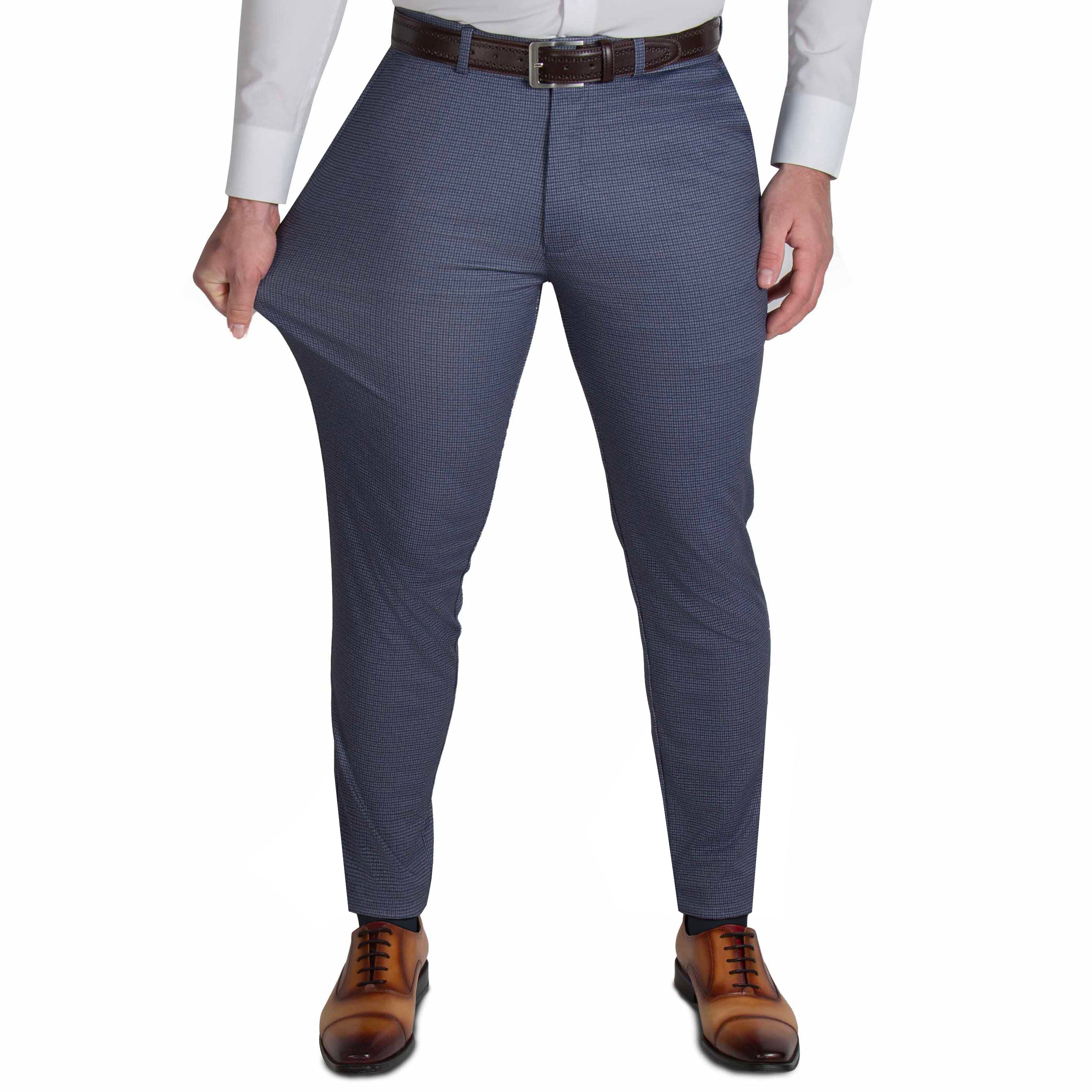 Athletic Fit Stretch Suit Pants - Blue Mini Windowpane with Light Grey Microcheck