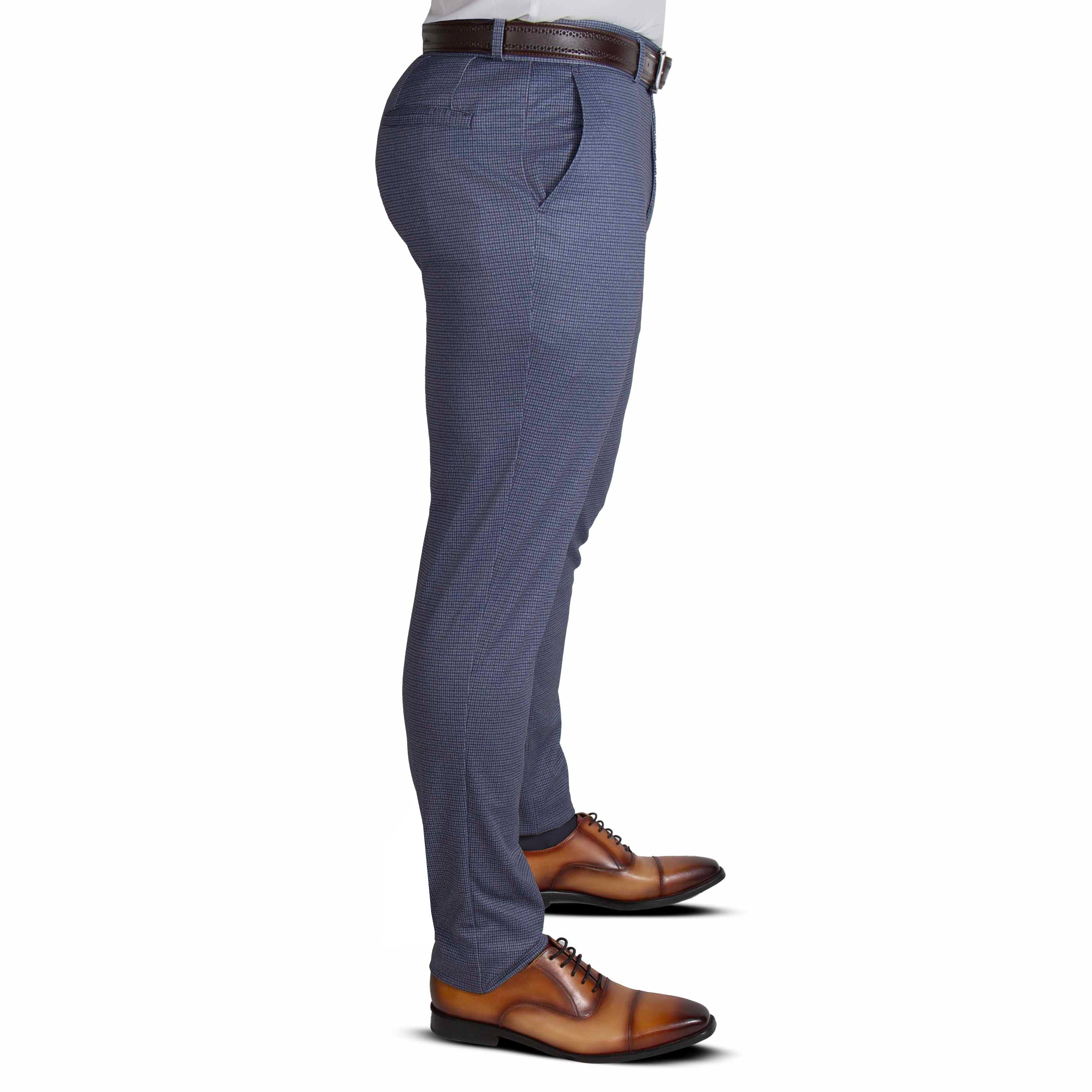 Athletic Fit Stretch Suit Pants - Blue Mini Windowpane with Light Grey Microcheck