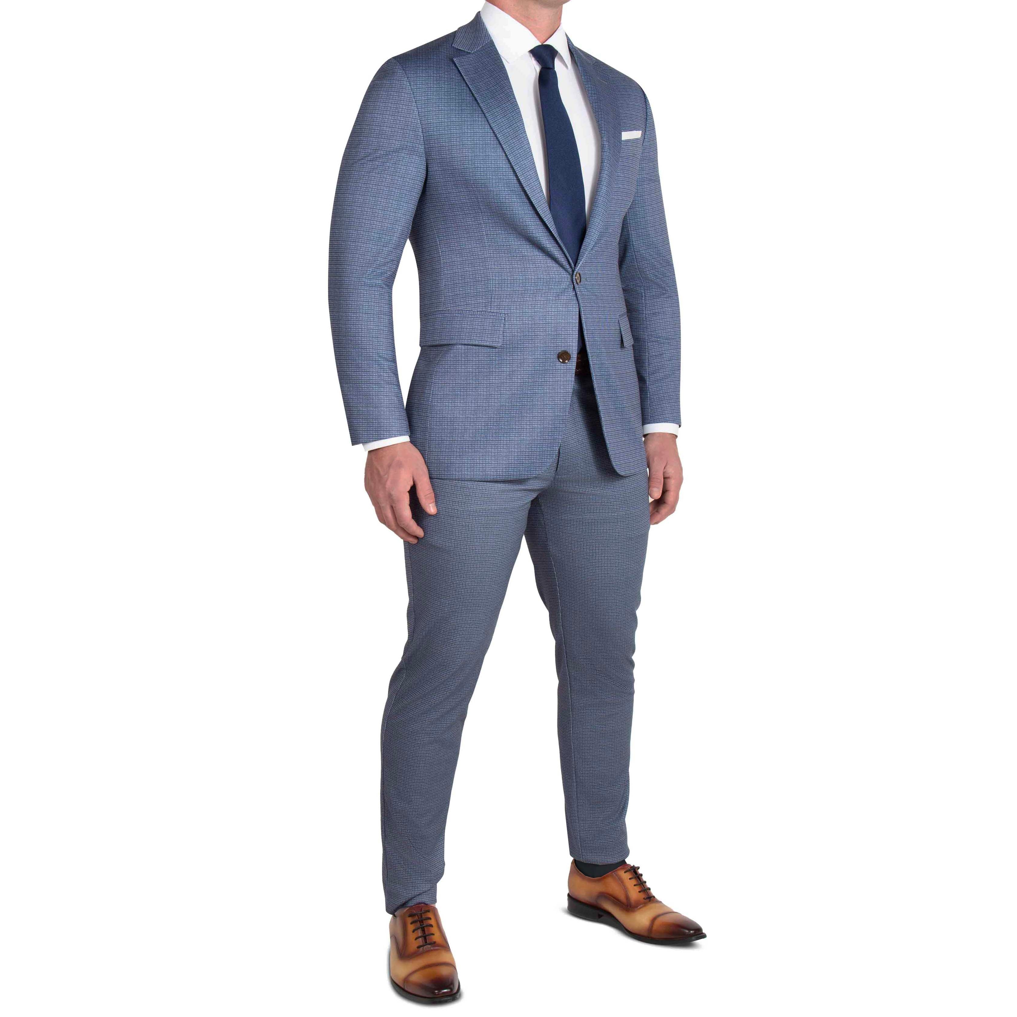 Athletic Fit Stretch Suit Pants - Blue Mini Windowpane with Light Grey Microcheck