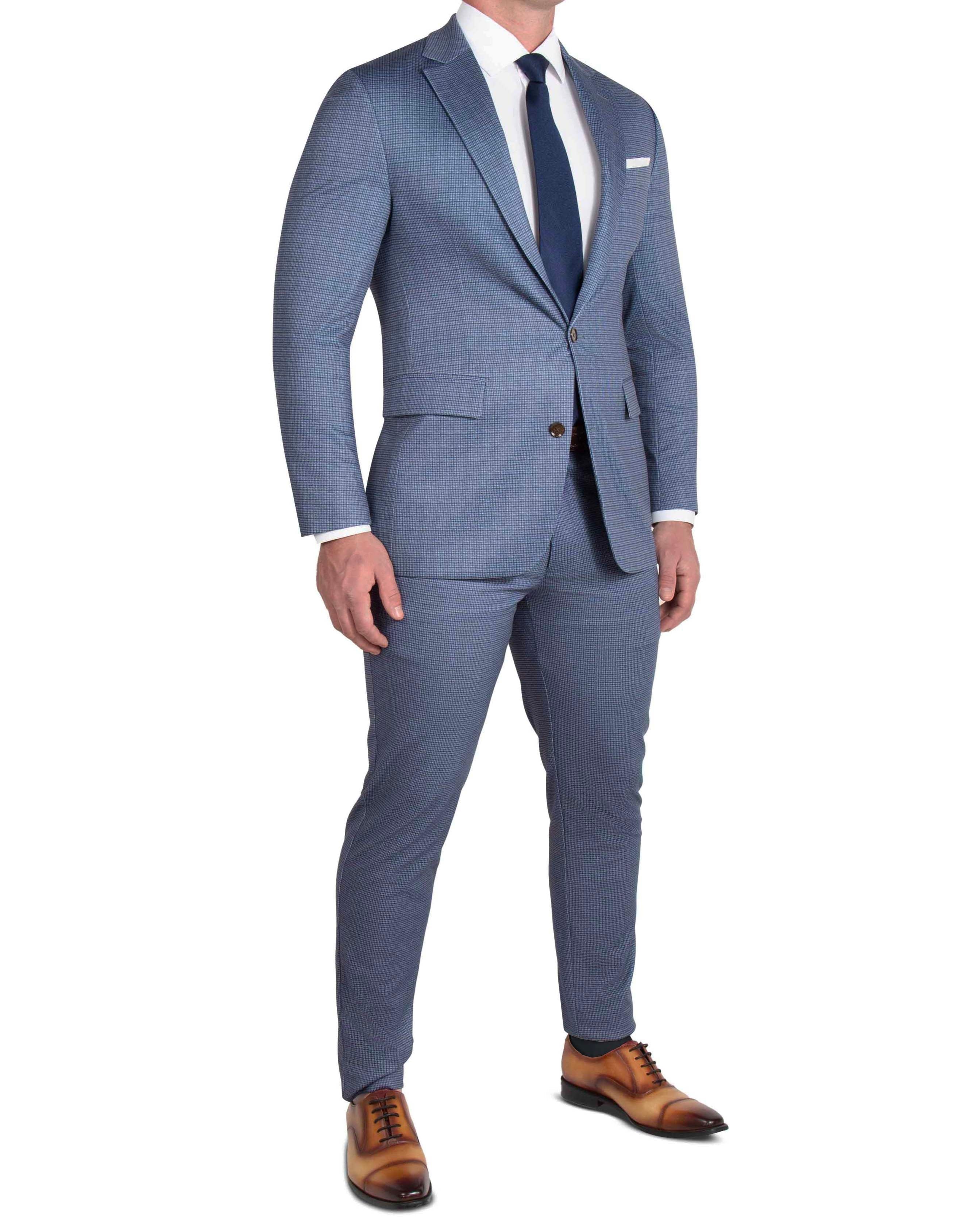 Athletic Fit Stretch Suit - Blue Mini Windowpane with Light Grey Microcheck