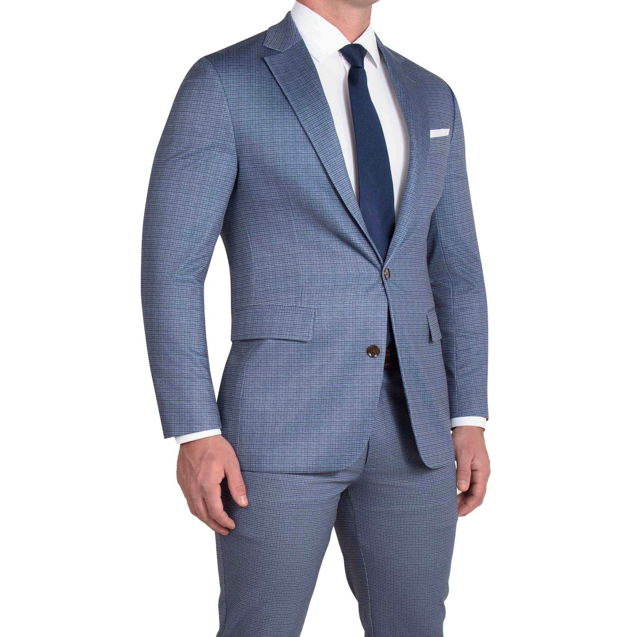 Athletic Fit Stretch Suit - Blue Mini Windowpane with Light Grey Microcheck