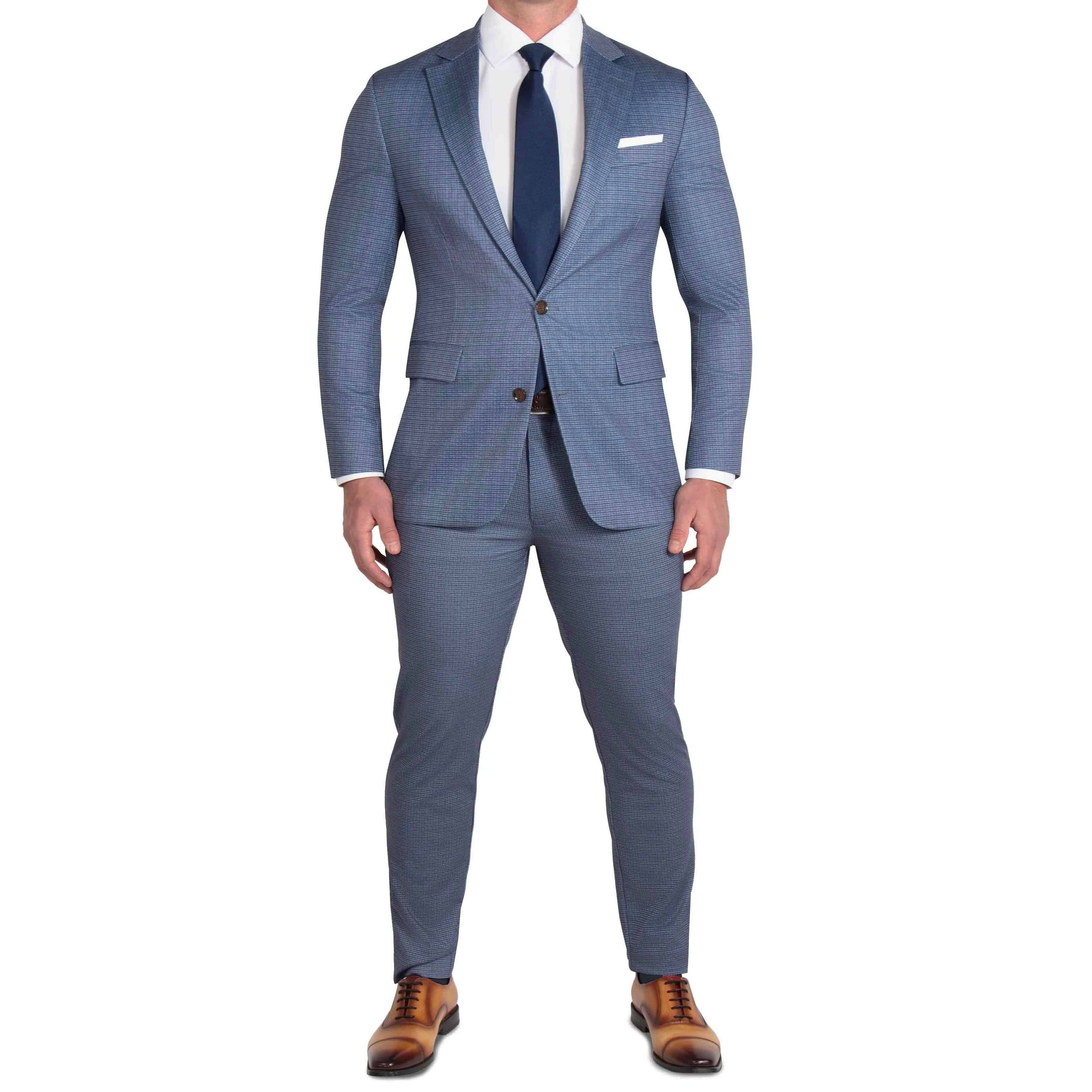 Athletic Fit Stretch Blazer - Blue Mini Windowpane with Light Grey Microcheck