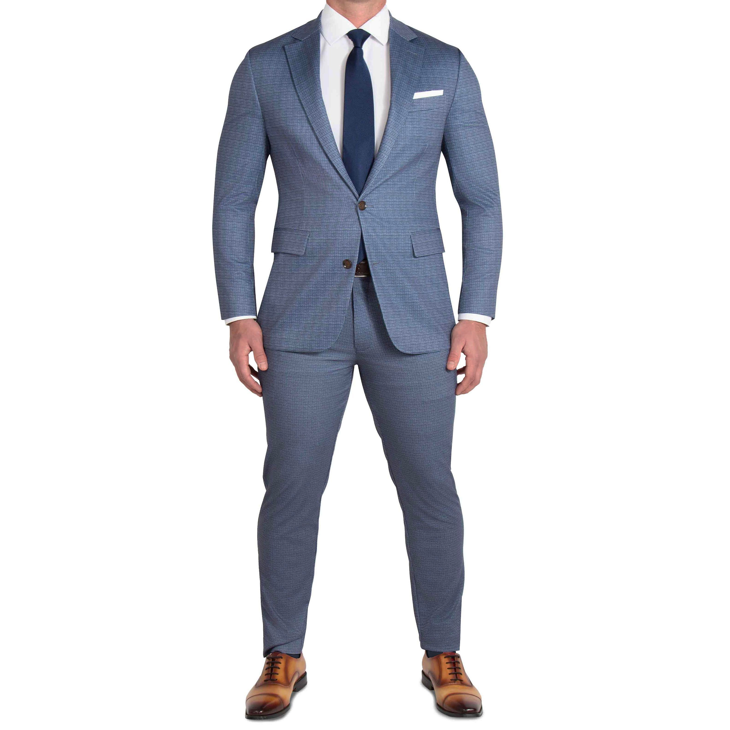 Athletic Fit Stretch Suit - Blue Mini Windowpane with Light Grey Microcheck