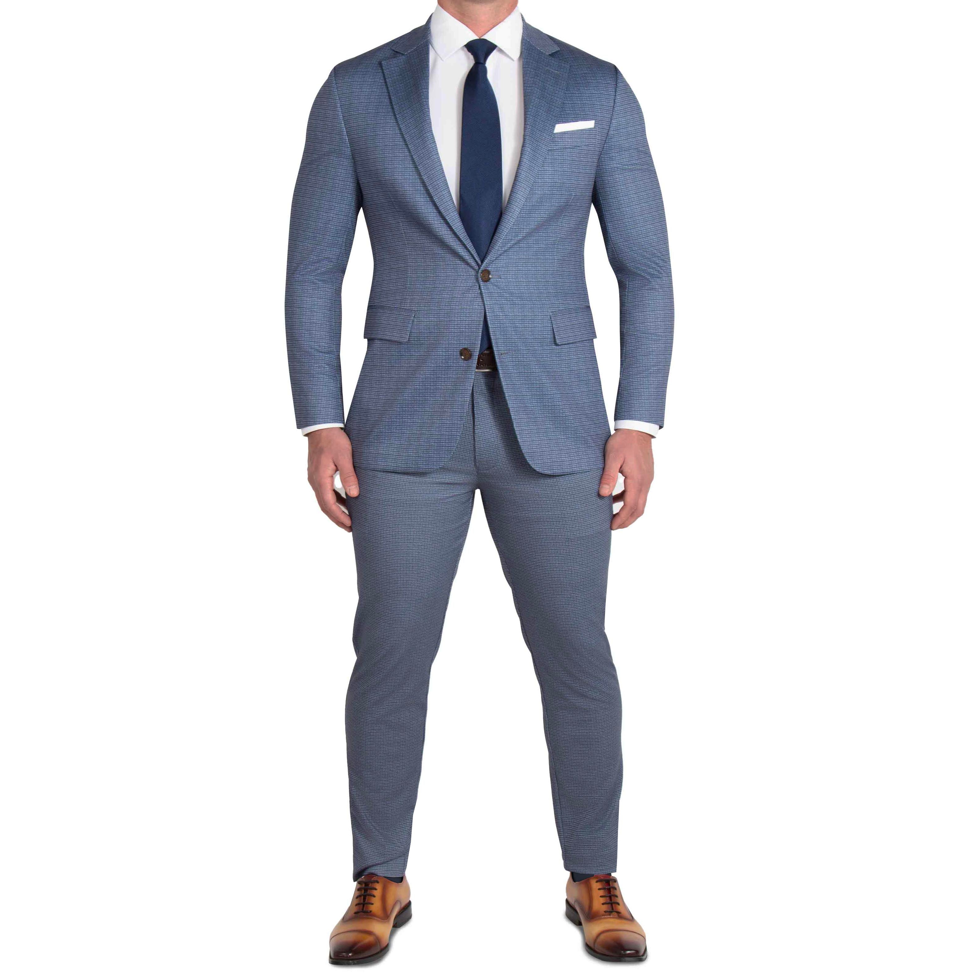 Athletic Fit Stretch Blazer - Blue Mini Windowpane with Light Grey Microcheck