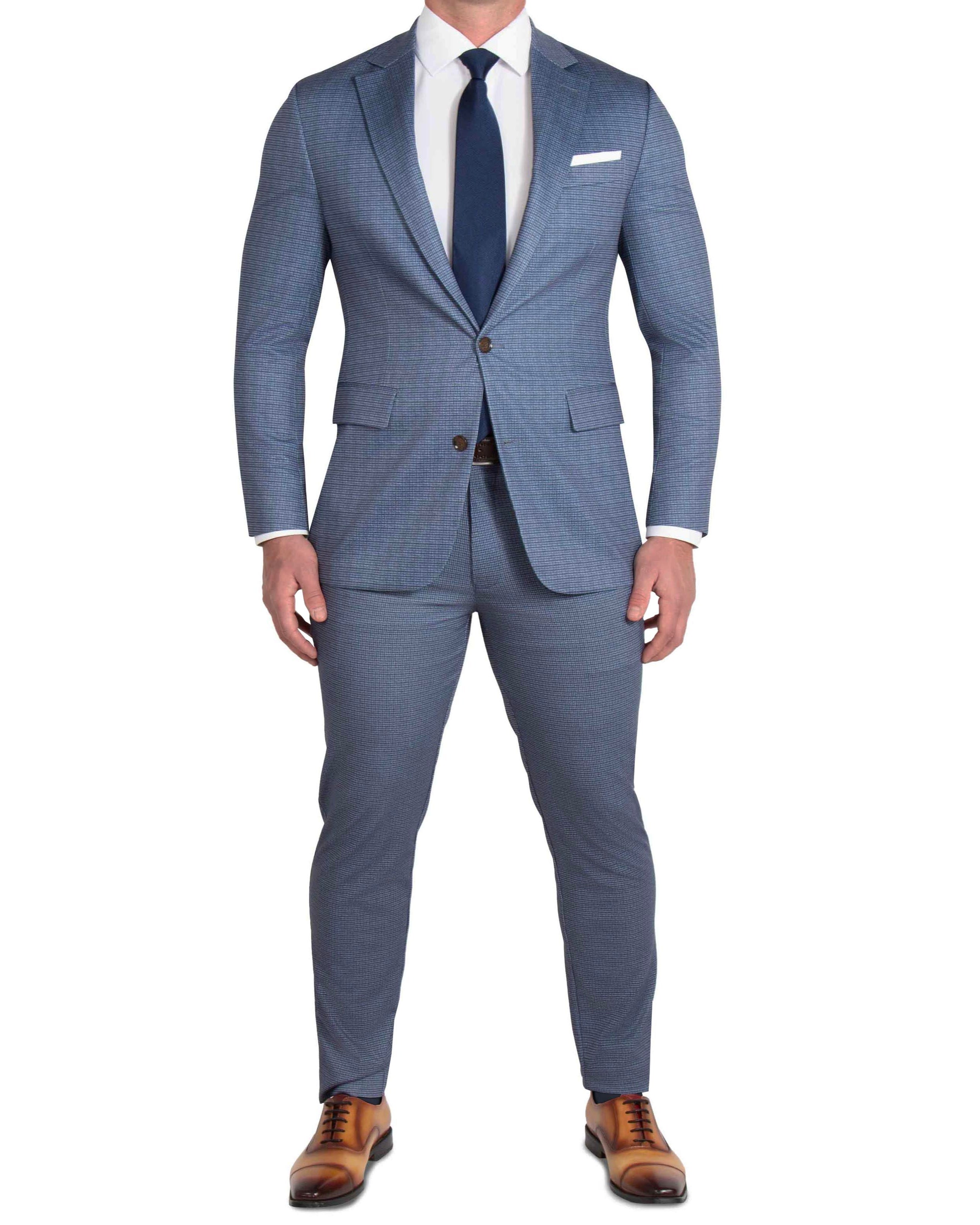 Athletic Fit Stretch Suit - Blue Mini Windowpane with Light Grey Microcheck