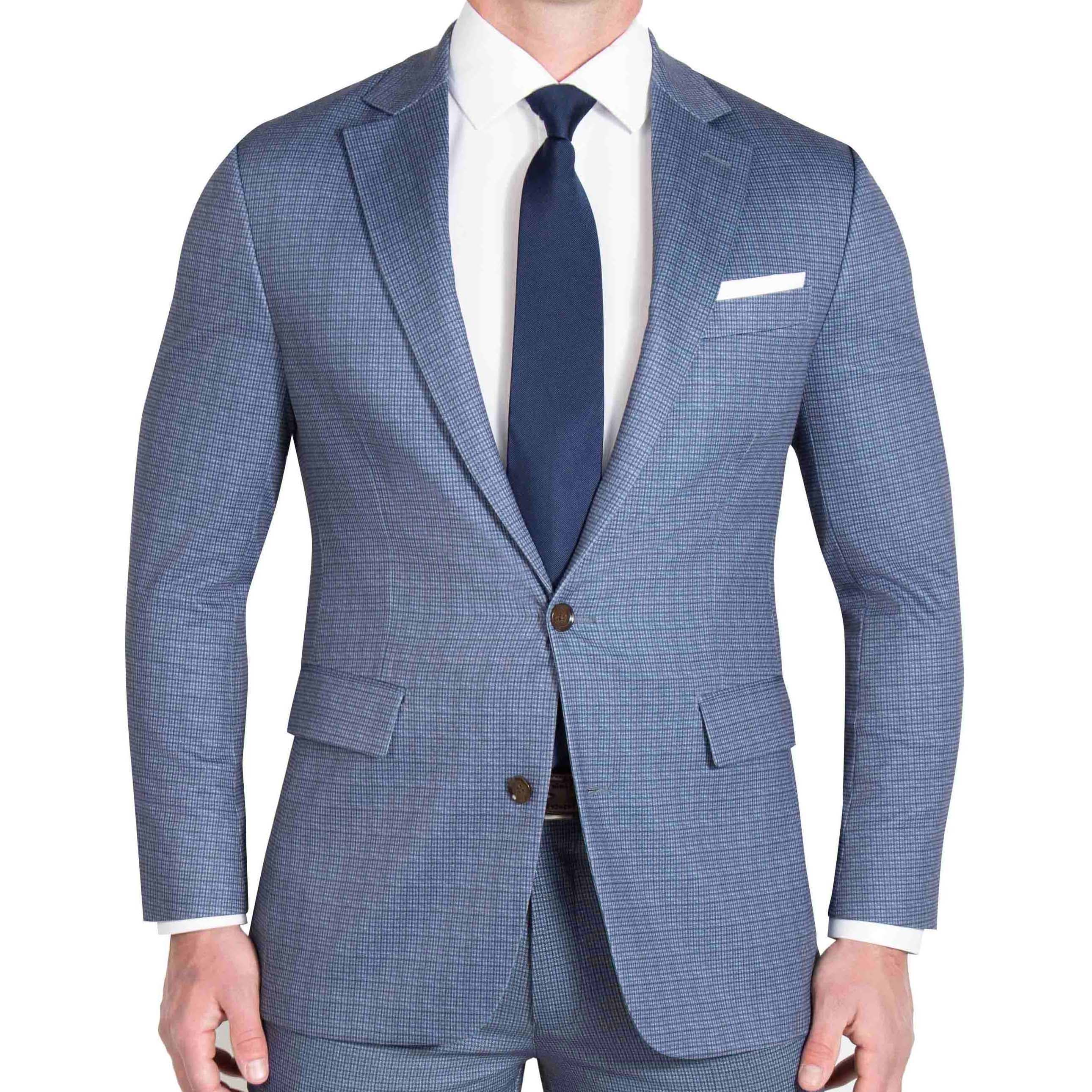 Athletic Fit Stretch Blazer - Blue Mini Windowpane with Light Grey Microcheck
