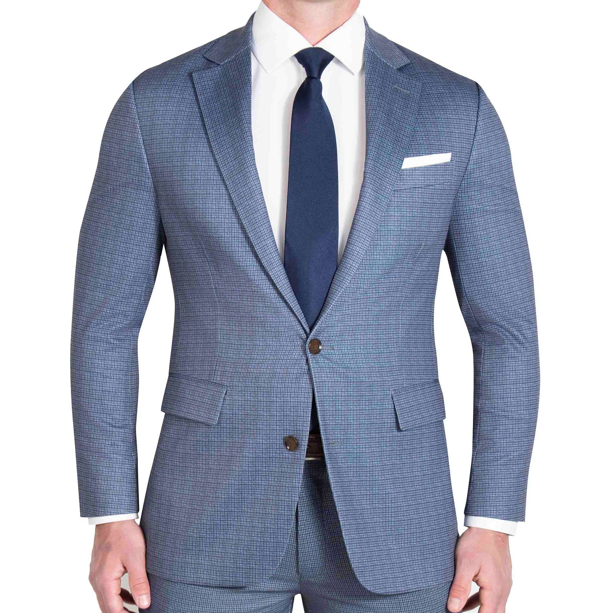 Athletic Fit Stretch Suit - Blue Mini Windowpane with Light Grey Microcheck