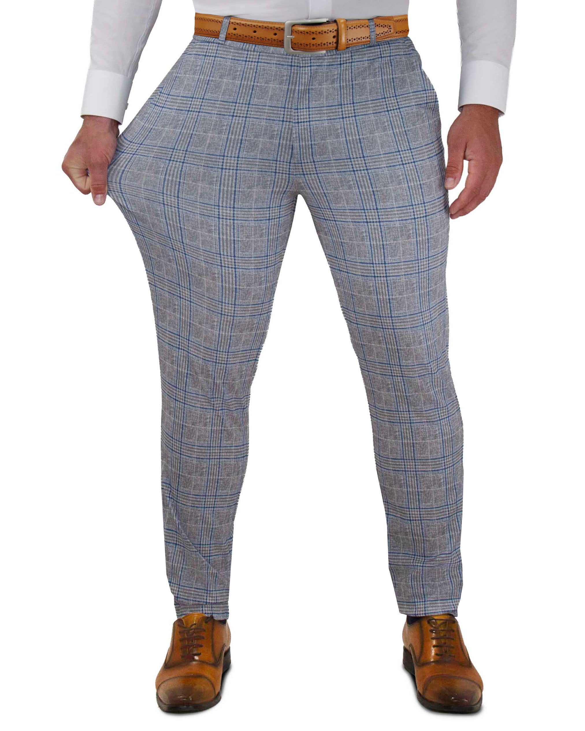 Athletic Fit Stretch Suit Pants - Grey & Royal Blue Plaid