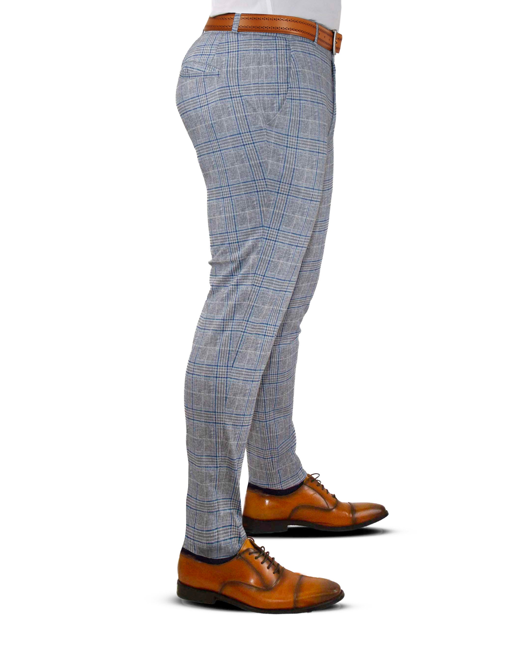 Athletic Fit Stretch Suit Pants - Grey & Royal Blue Plaid