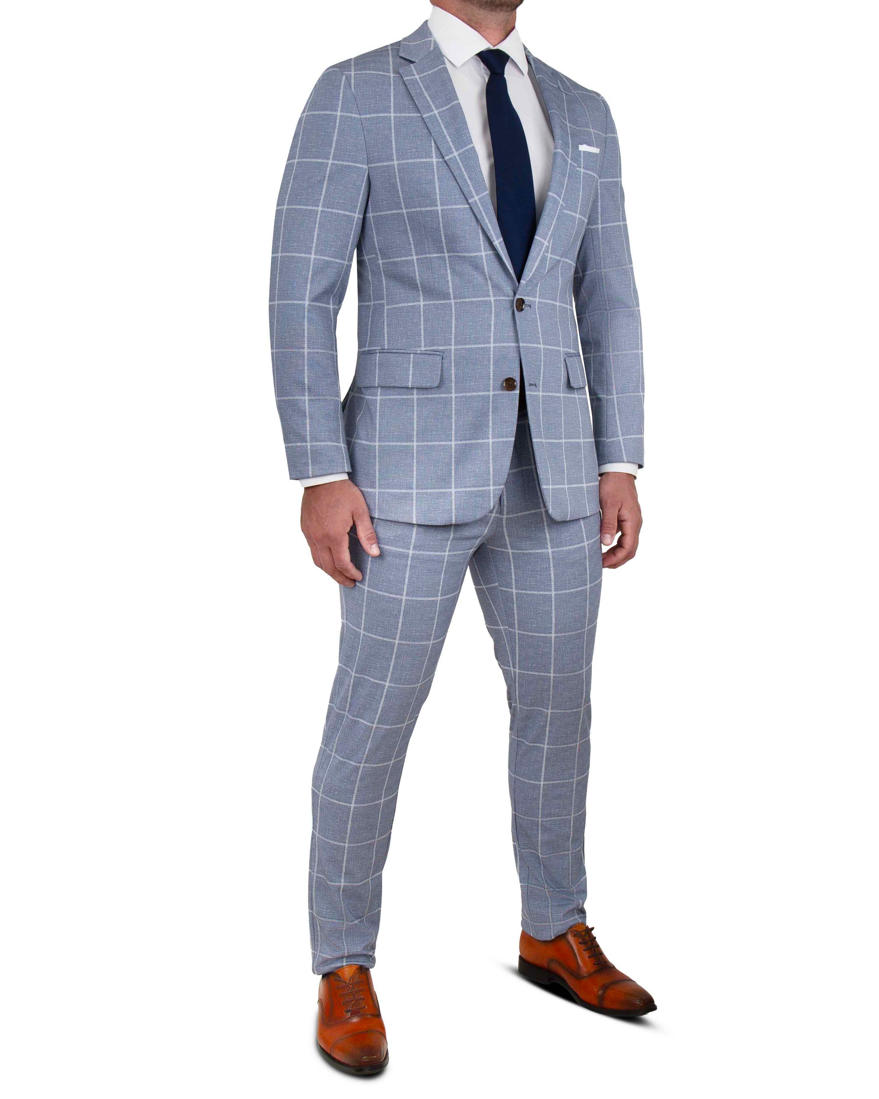 Athletic Fit Stretch Blazer - Textured Light Blue with White Windowpane
