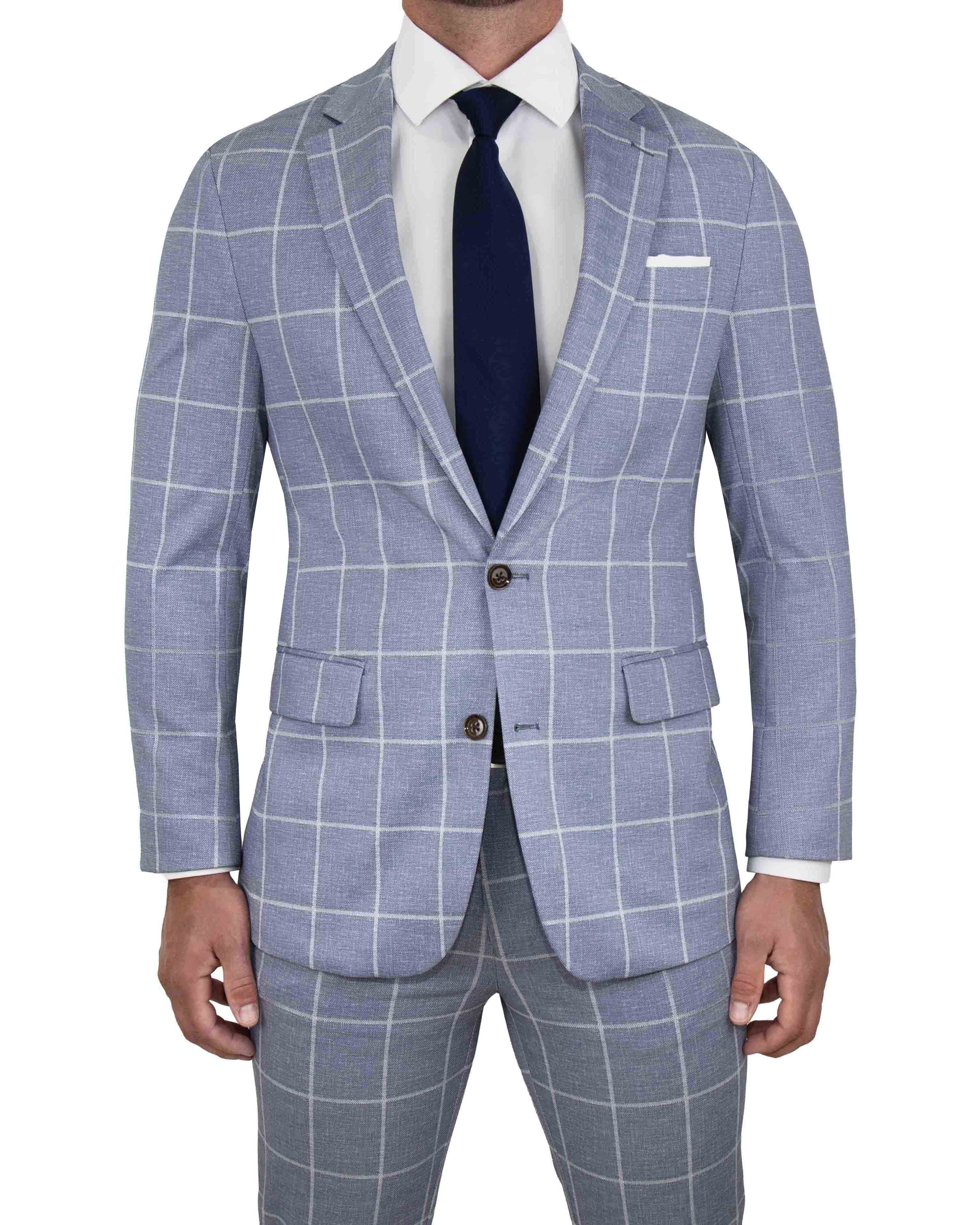 Athletic Fit Stretch Blazer - Textured Light Blue with White Windowpane