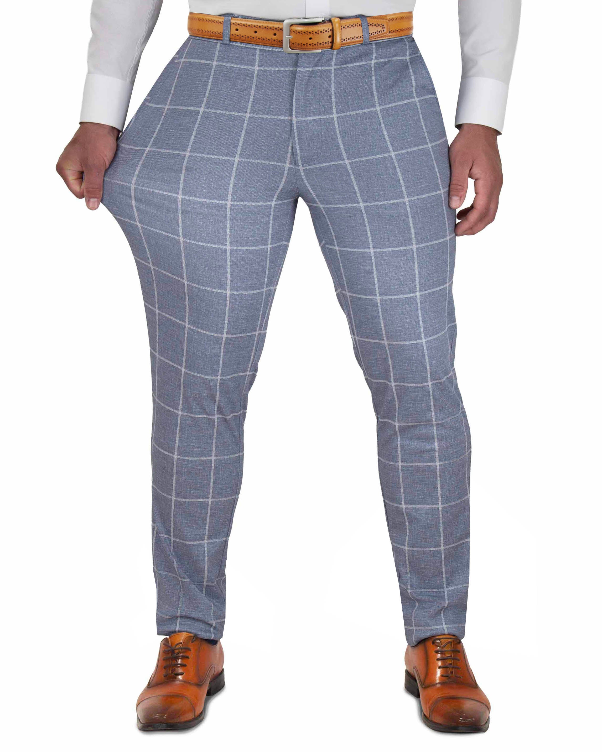 Athletic Fit Stretch Suit Pants - Textured Light Blue with White Windowpane