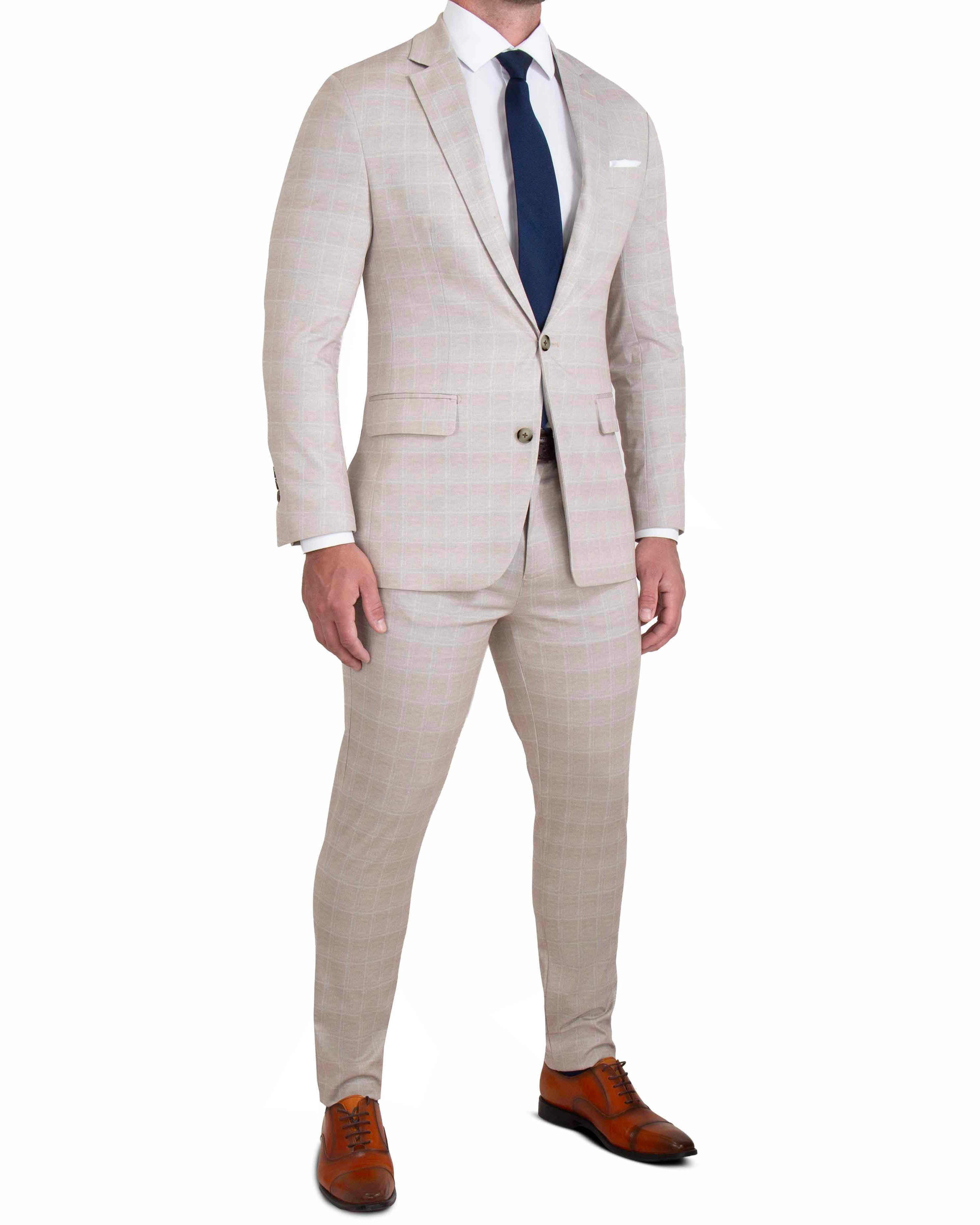 Athletic Fit Stretch Blazer - Tan & White Windowpane