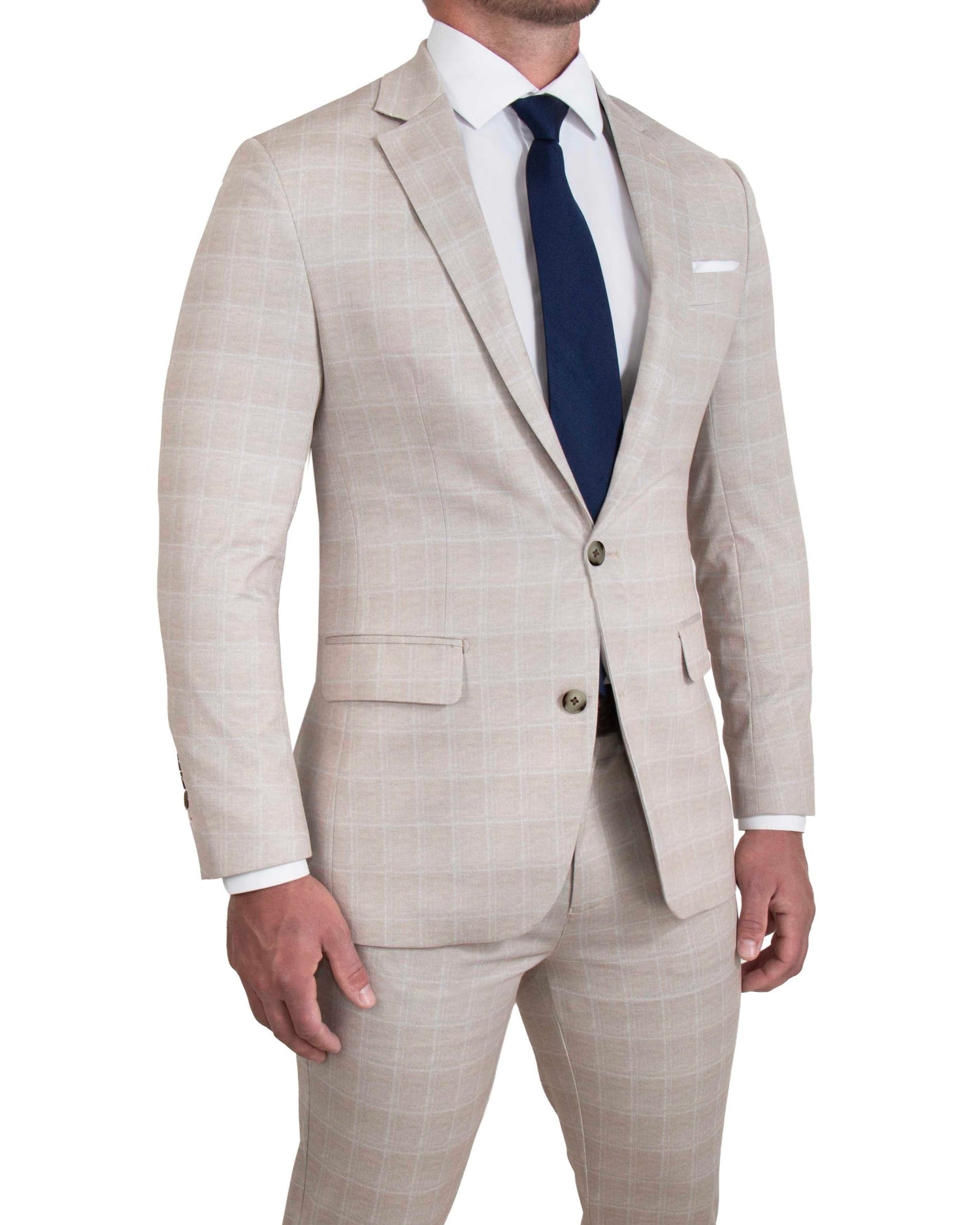 Athletic Fit Stretch Suit - Tan and White Windowpane Suit